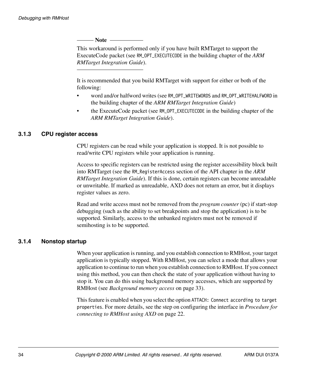 ARM ARM DUI 0137A manual CPU register access, Nonstop startup 