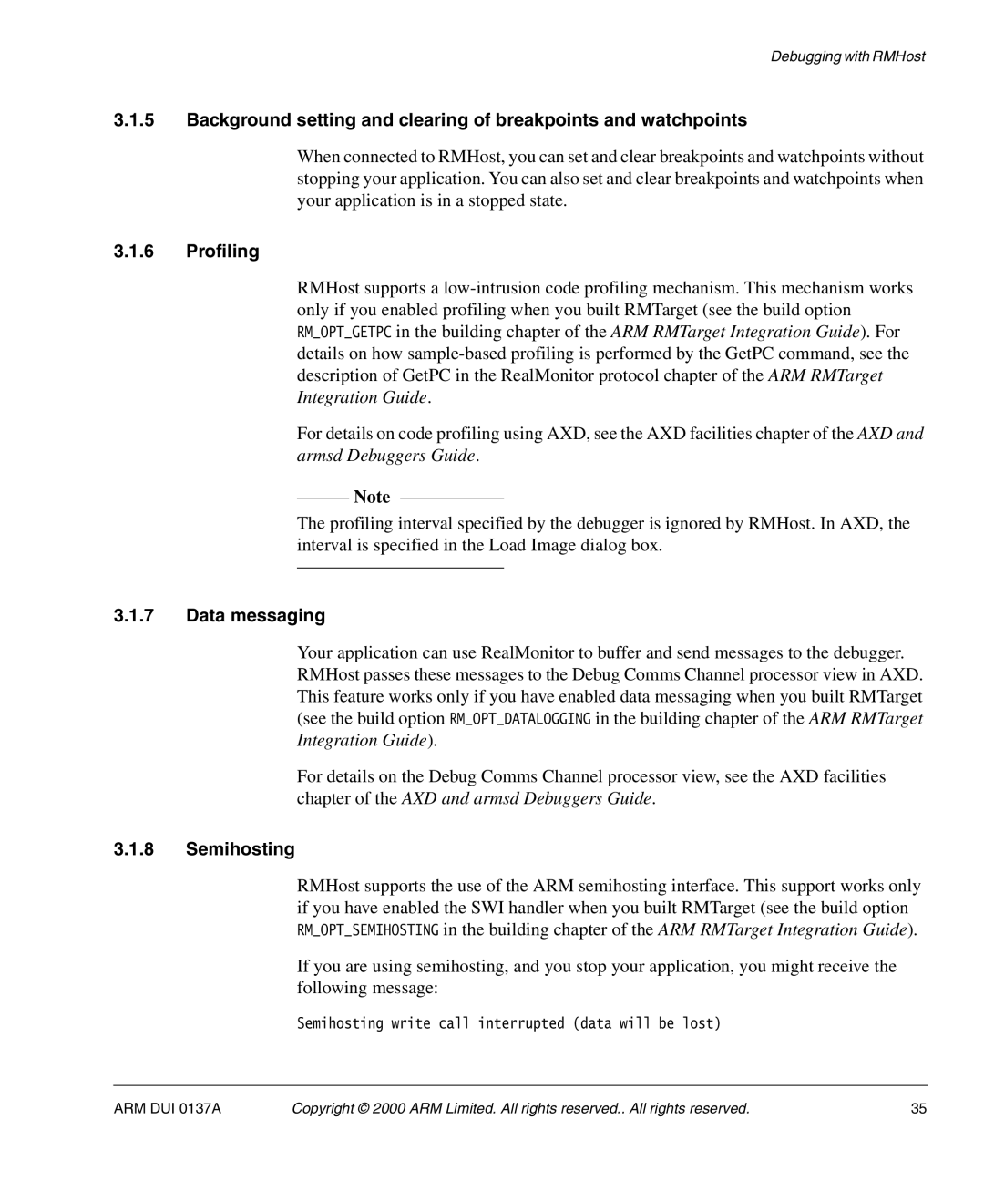 ARM ARM DUI 0137A manual Profiling, Data messaging, Semihosting 