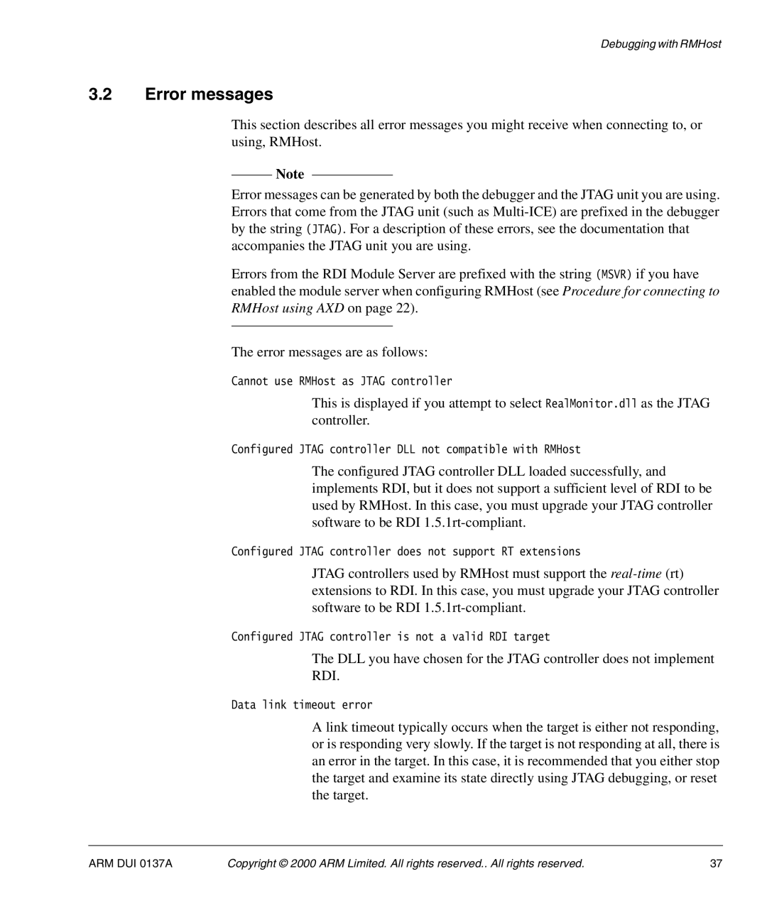 ARM ARM DUI 0137A manual Error messages, Rdi 