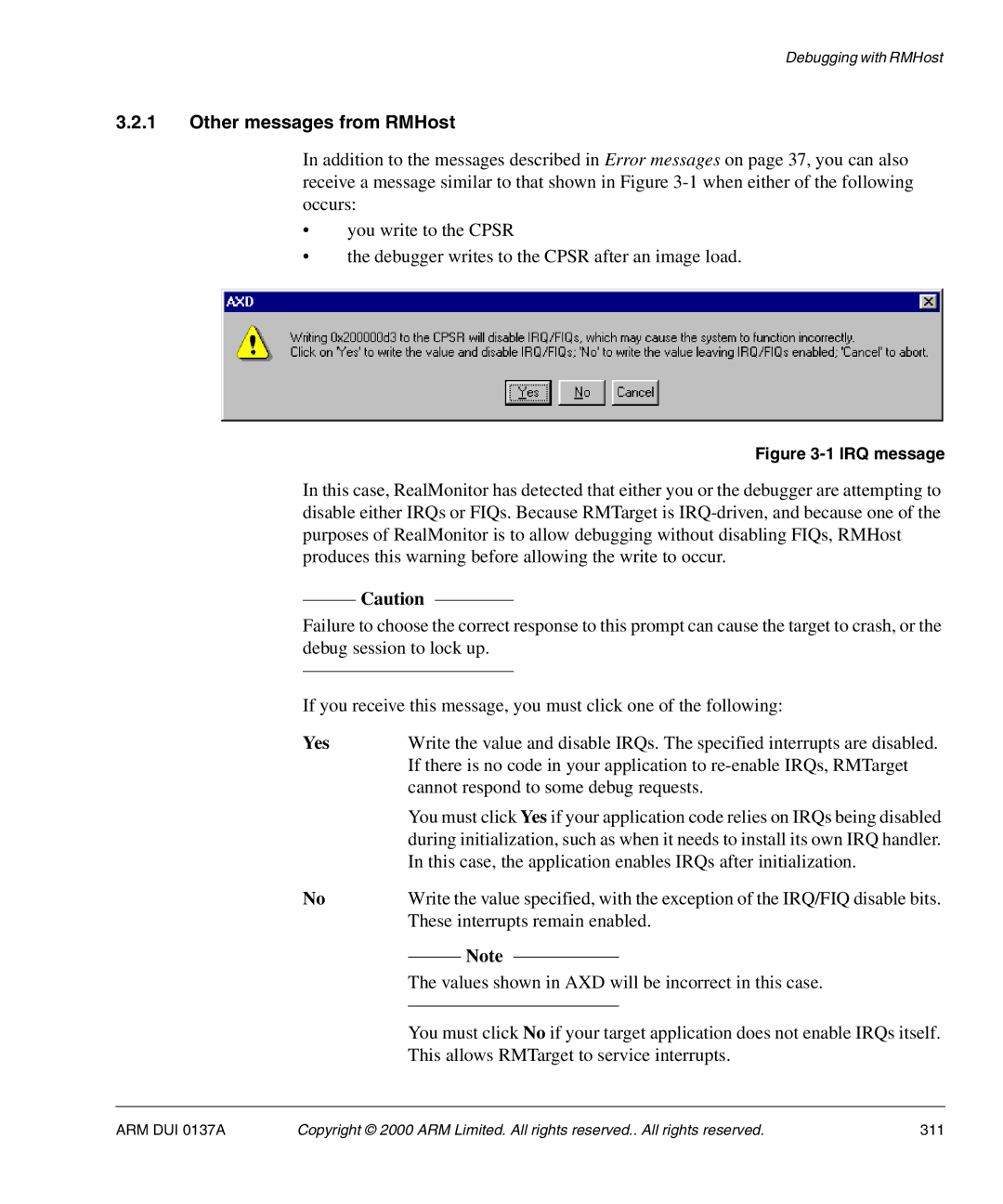 ARM ARM DUI 0137A manual Other messages from RMHost, Yes 