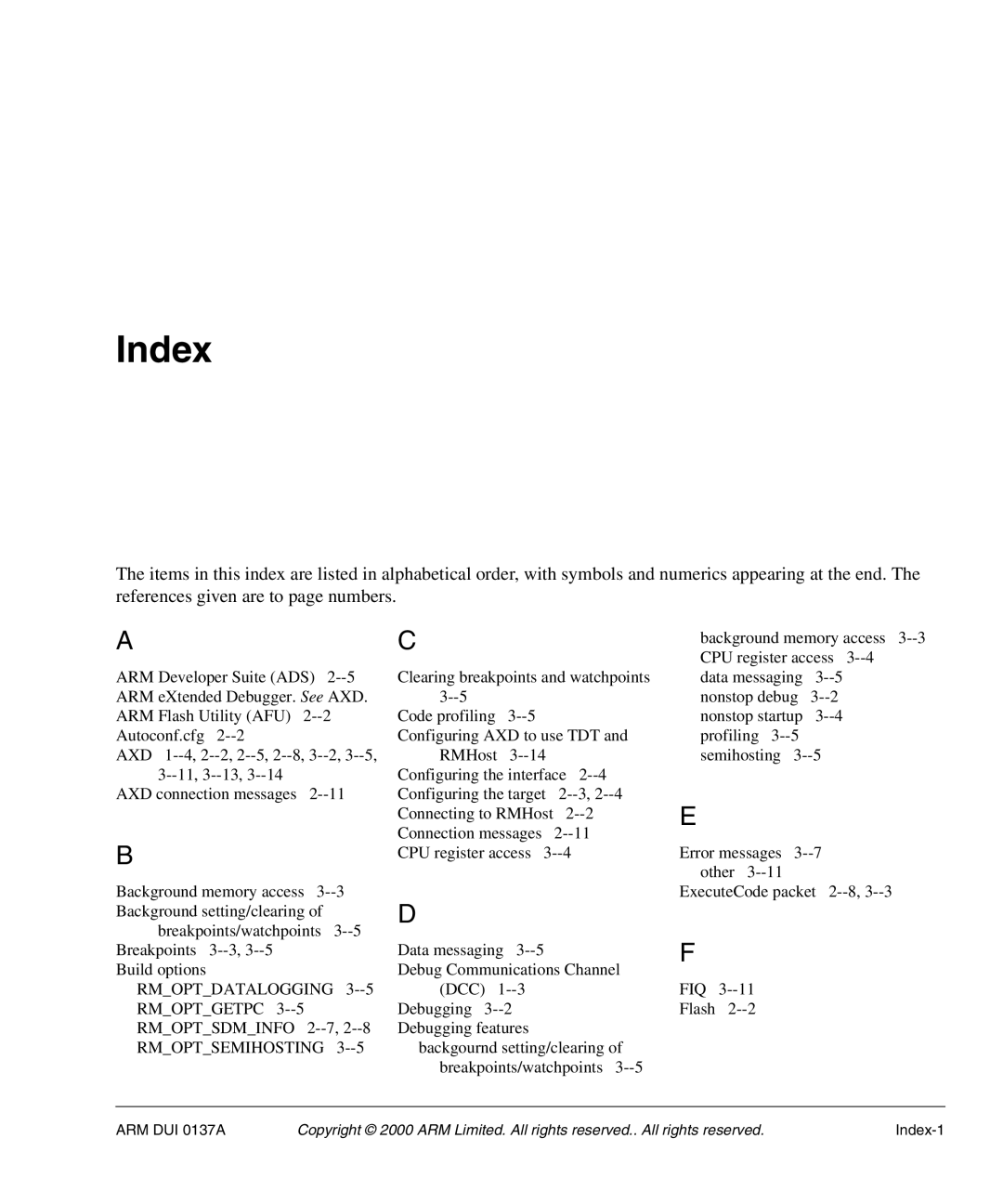 ARM ARM DUI 0137A manual Index, Rmoptsdminfo 