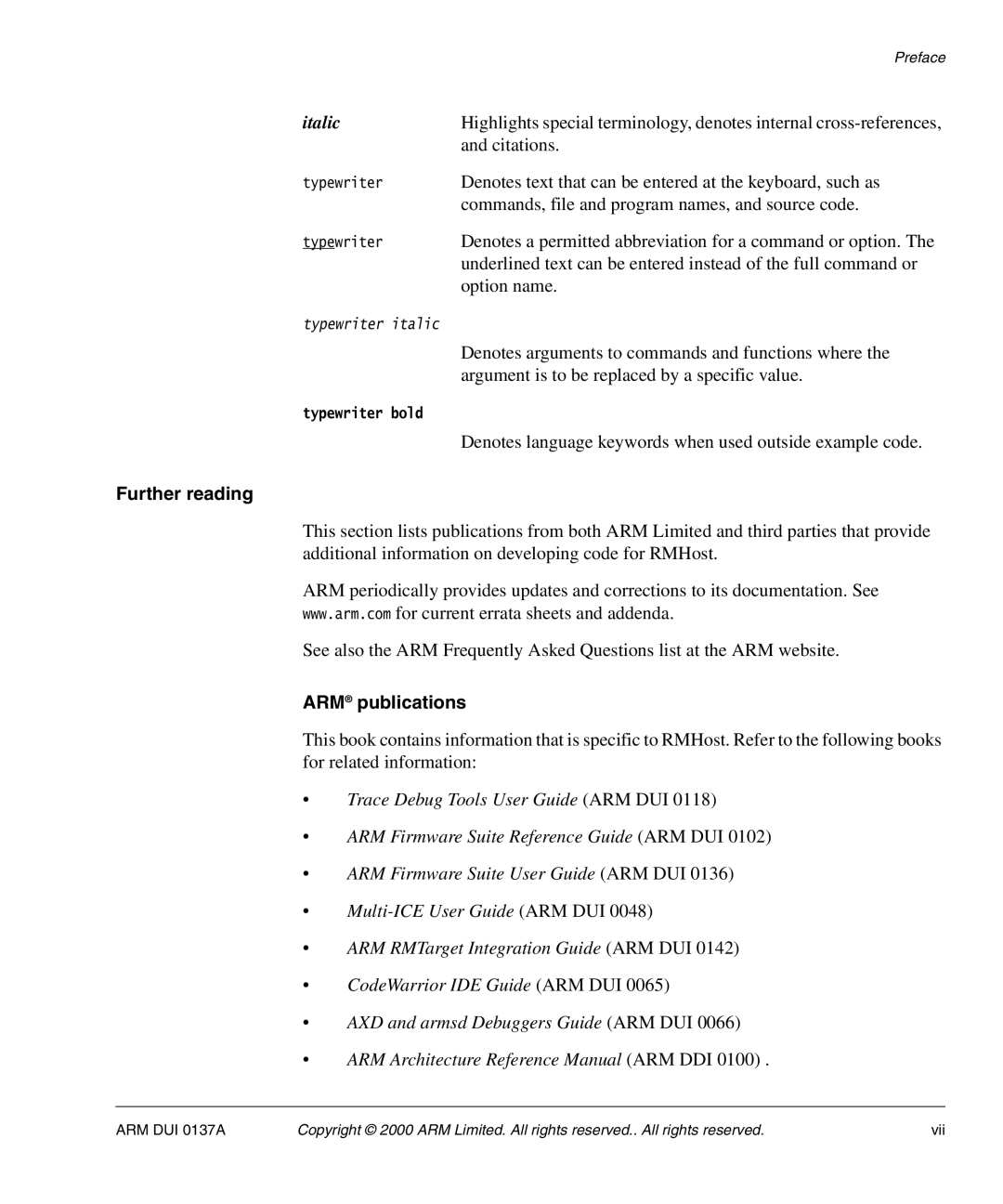 ARM ARM DUI 0137A manual Further reading, ARM publications 