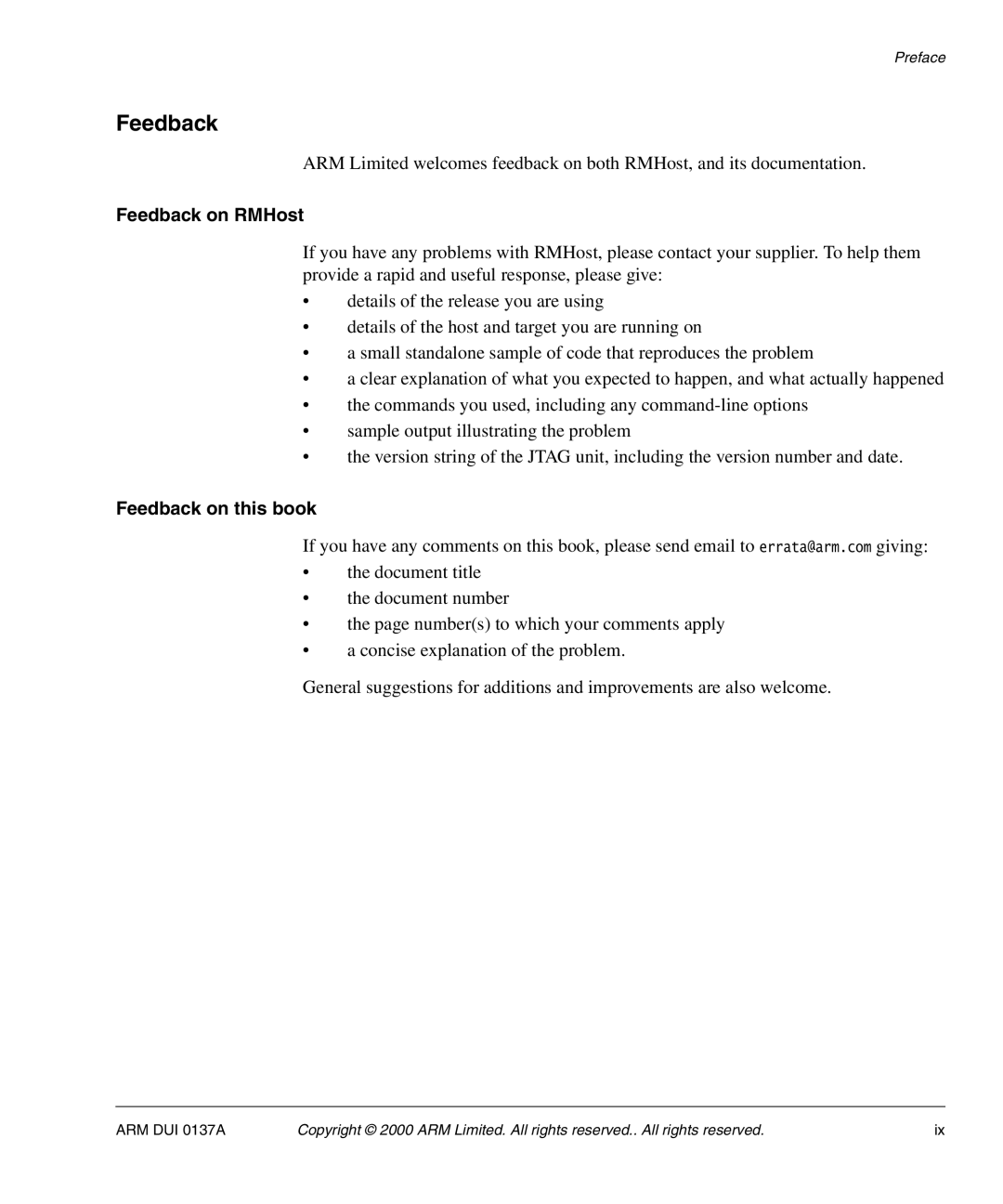 ARM ARM DUI 0137A manual Feedback on RMHost, Feedback on this book 