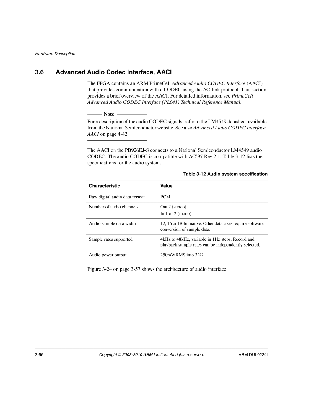 ARM ARM DUI 0224I manual Advanced Audio Codec Interface, Aaci, Audio system specification, Characteristic Value, Pcm 