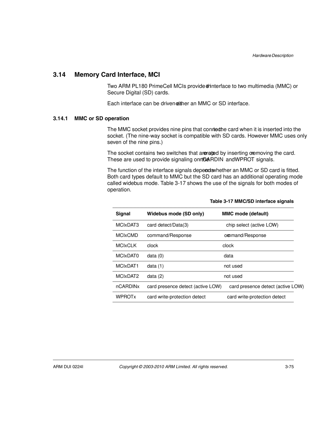 ARM ARM DUI 0224I manual Memory Card Interface, MCI, MMC or SD operation, 17 MMC/SD interface signals 