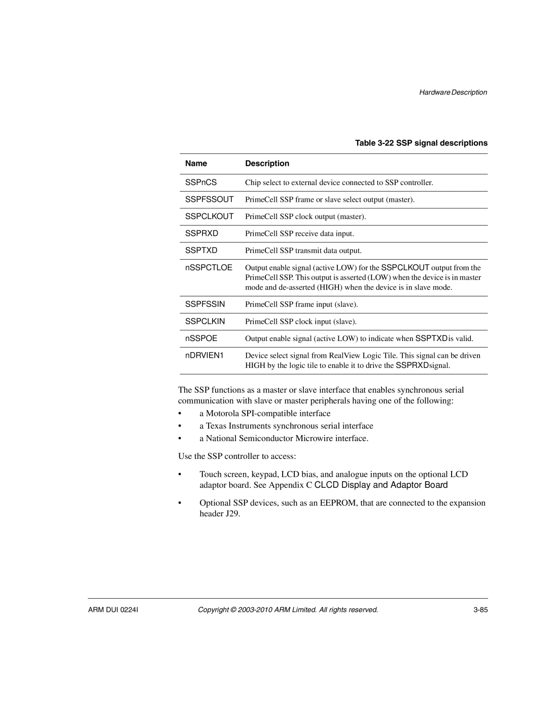 ARM ARM DUI 0224I manual SSP signal descriptions, Name Description 