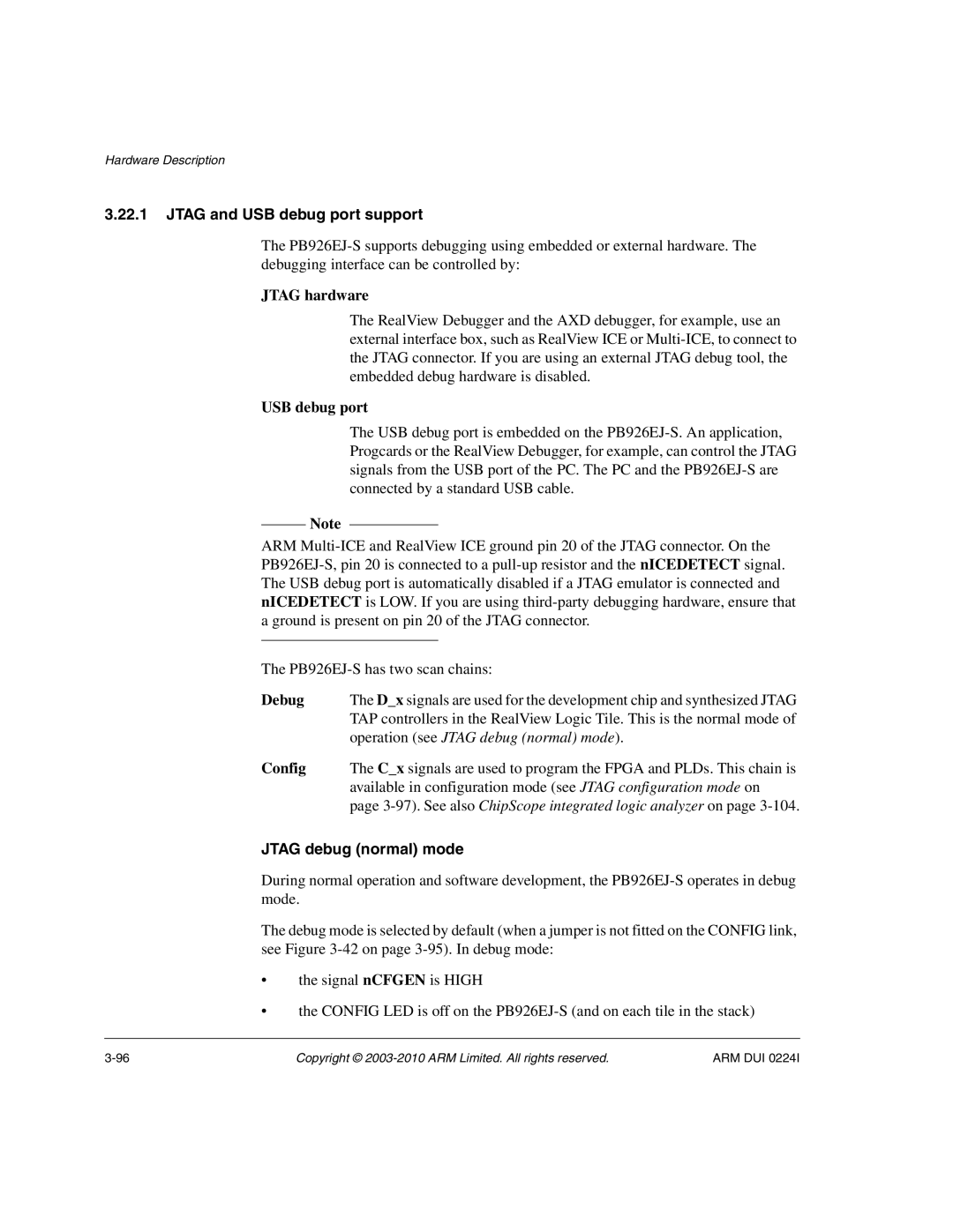 ARM ARM DUI 0224I manual Jtag and USB debug port support, Jtag debug normal mode 