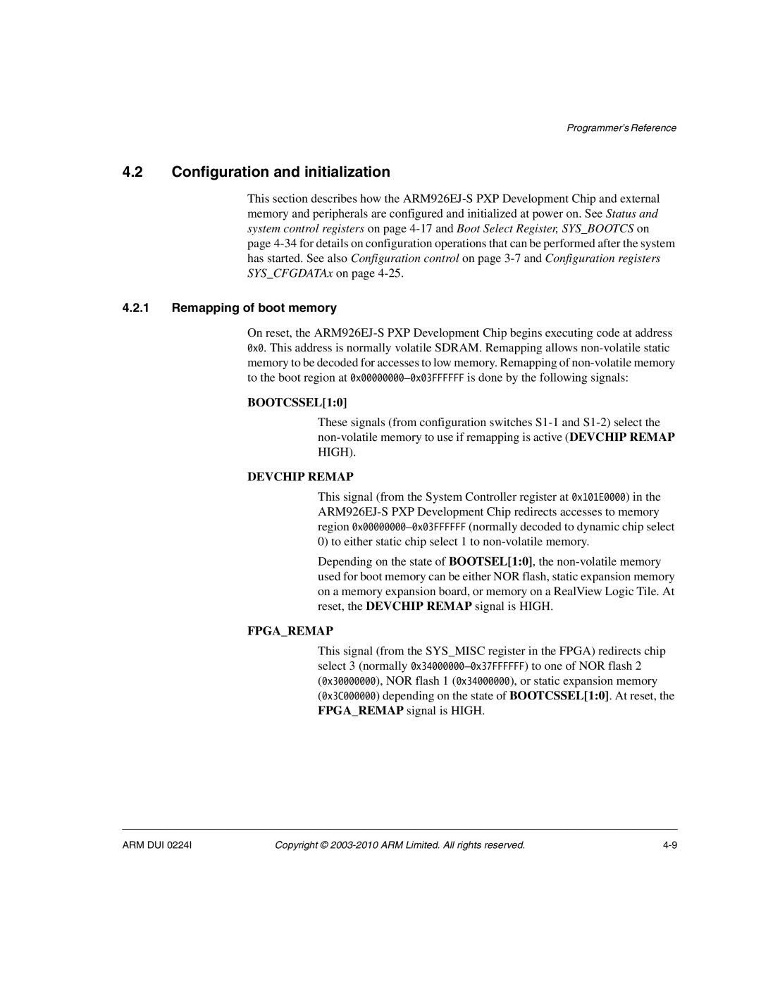 ARM ARM DUI 0224I manual Configuration and initialization, Remapping of boot memory 