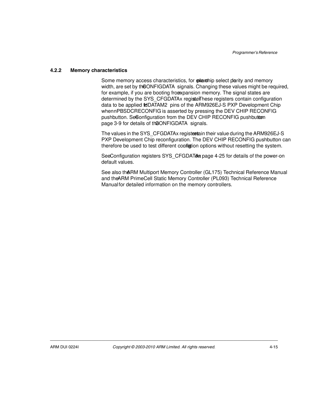 ARM ARM DUI 0224I manual Memory characteristics 