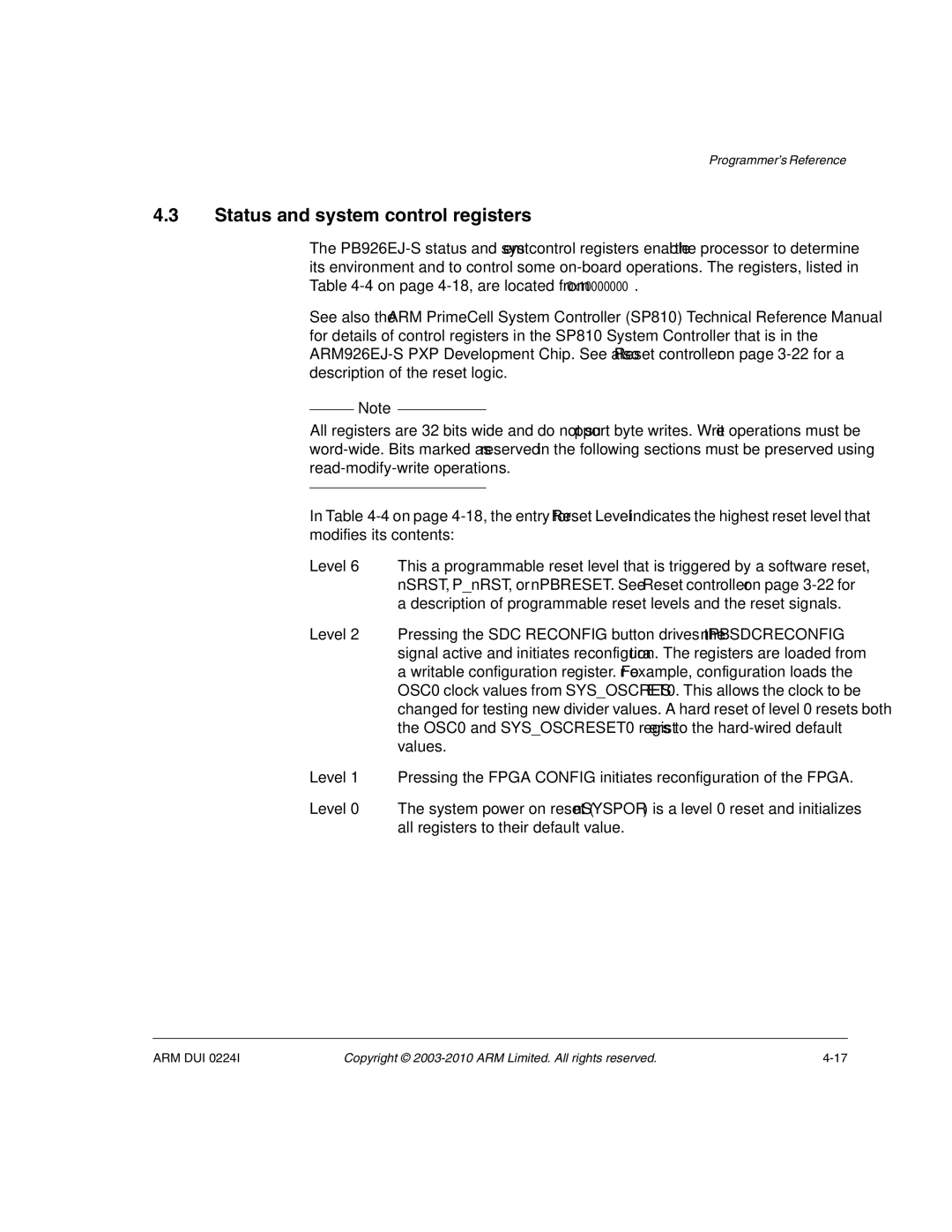 ARM ARM DUI 0224I manual Status and system control registers 