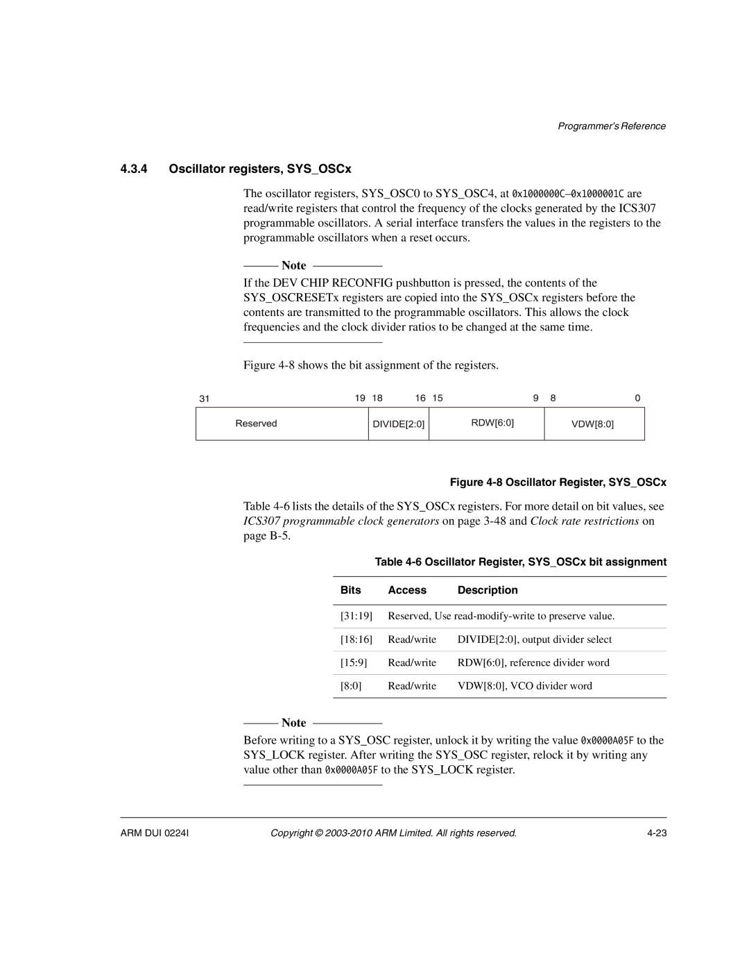 ARM ARM DUI 0224I manual Oscillator registers, SYSOSCx, Shows the bit assignment of the registers 