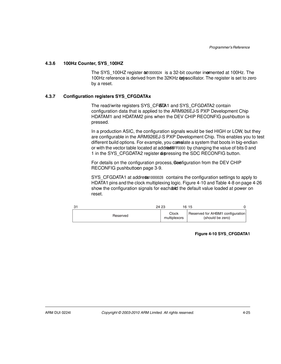 ARM ARM DUI 0224I manual 6 100Hz Counter, SYS100HZ, Configuration registers SYSCFGDATAx 