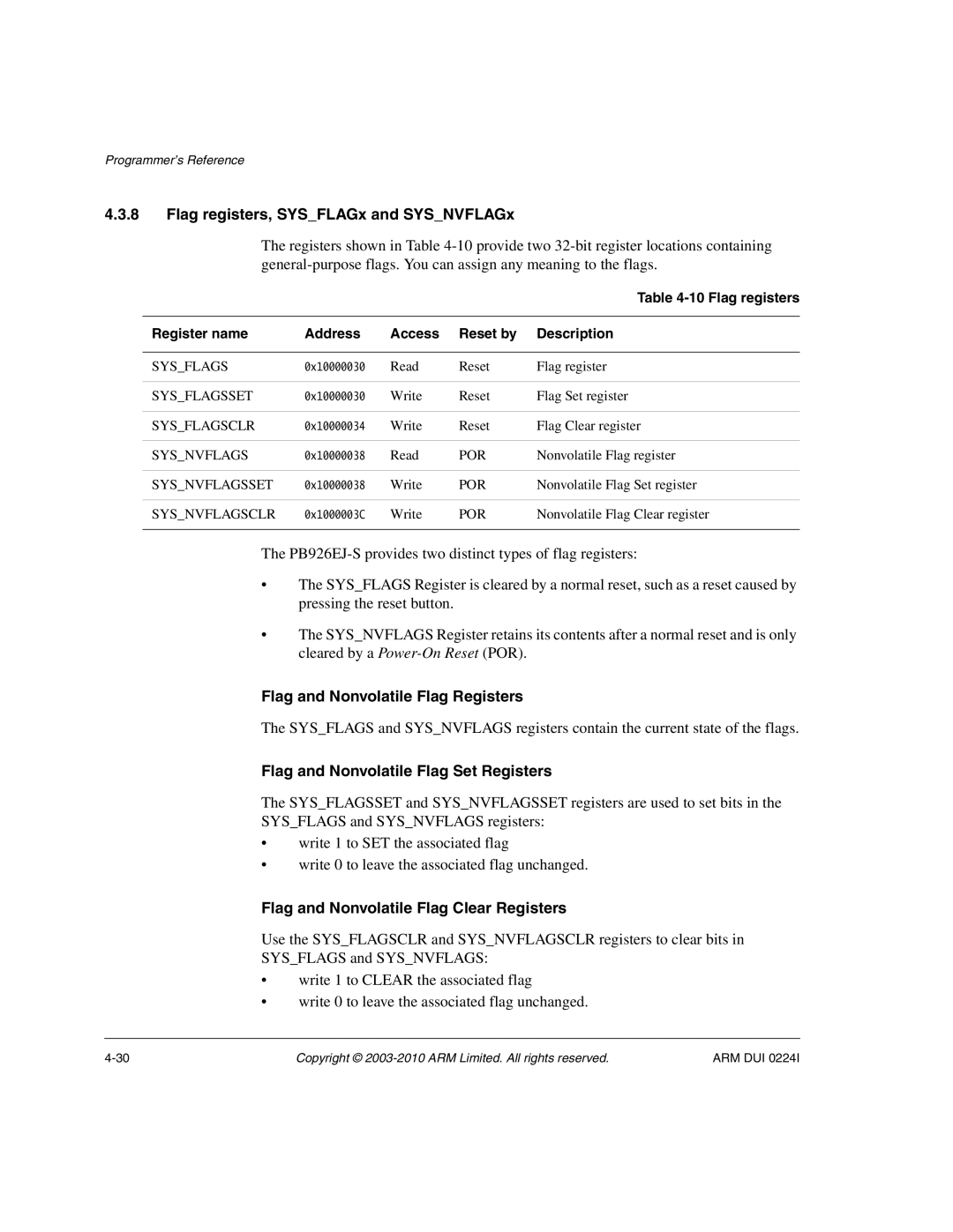 ARM ARM DUI 0224I manual Flag registers, SYSFLAGx and SYSNVFLAGx, Flag and Nonvolatile Flag Registers 