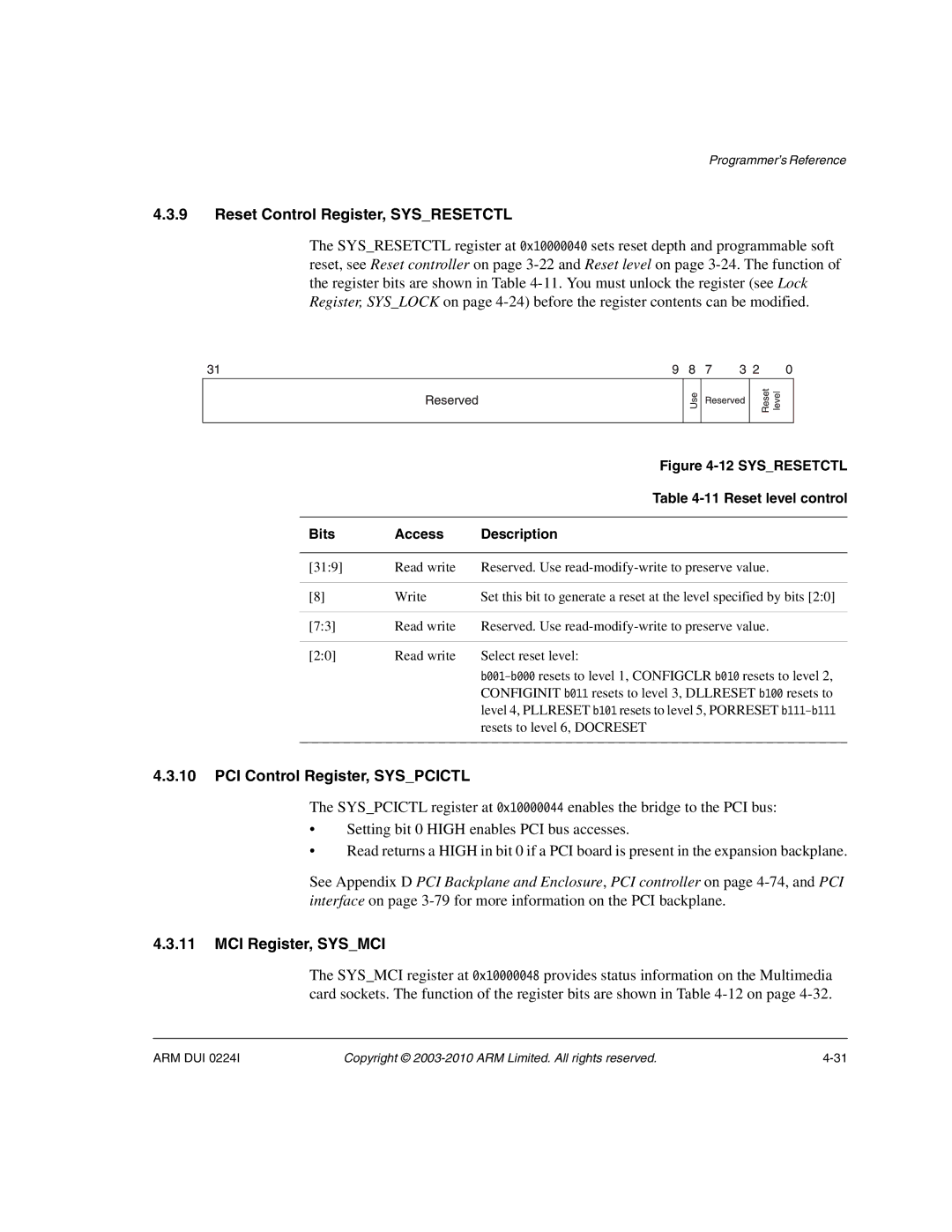 ARM ARM DUI 0224I manual Reset Control Register, Sysresetctl, PCI Control Register, Syspcictl, MCI Register, Sysmci 