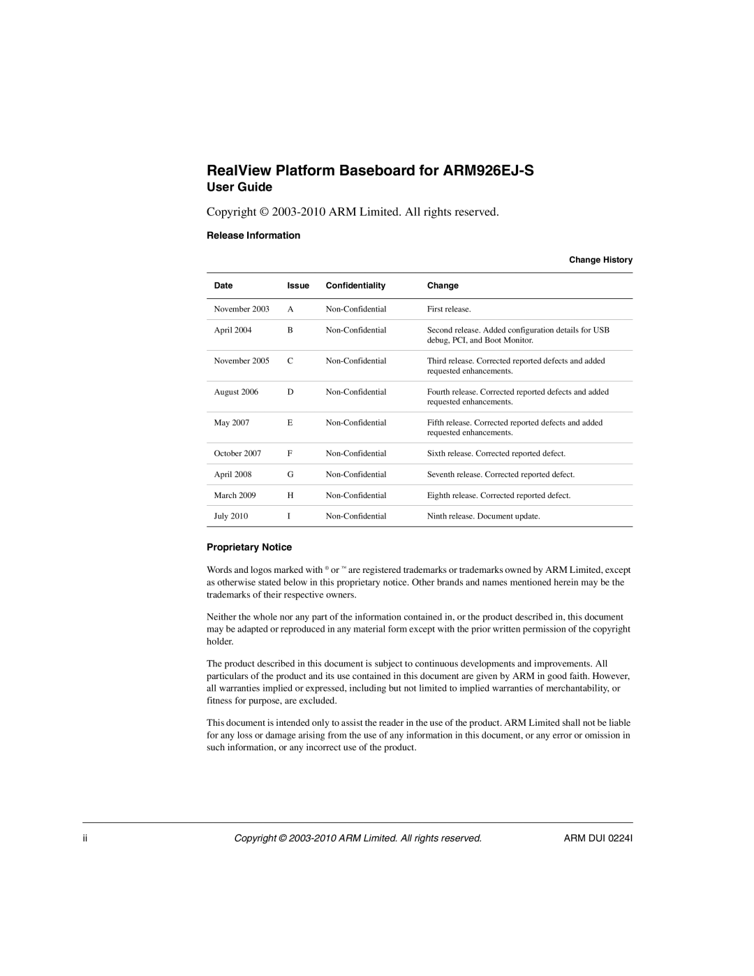 ARM ARM DUI 0224I manual RealView Platform Baseboard for ARM926EJ-S, User Guide 