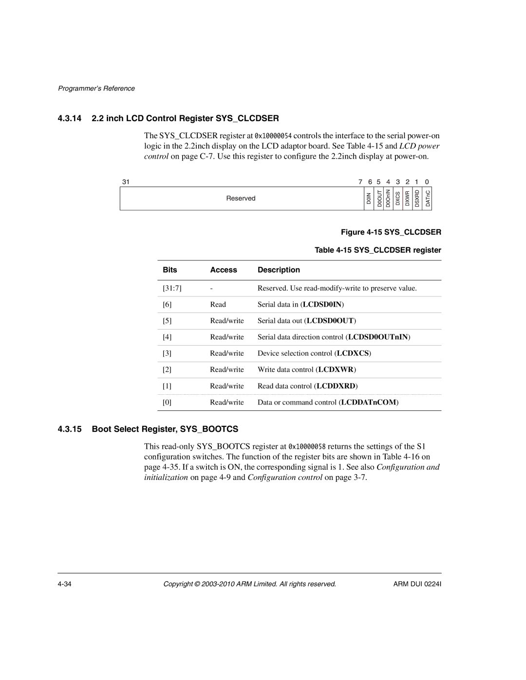 ARM ARM DUI 0224I manual 14 2.2 inch LCD Control Register Sysclcdser, Boot Select Register, Sysbootcs, Sysclcdser register 