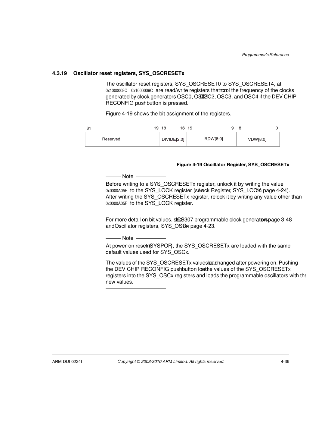 ARM ARM DUI 0224I manual Oscillator reset registers, SYSOSCRESETx, shows the bit assignment of the registers 
