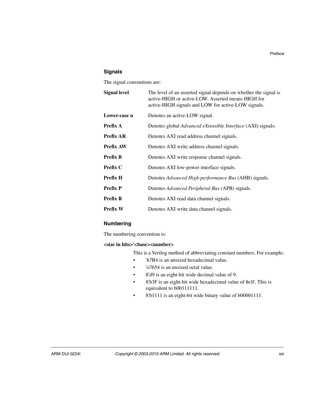 ARM ARM DUI 0224I manual Signals, Numbering 