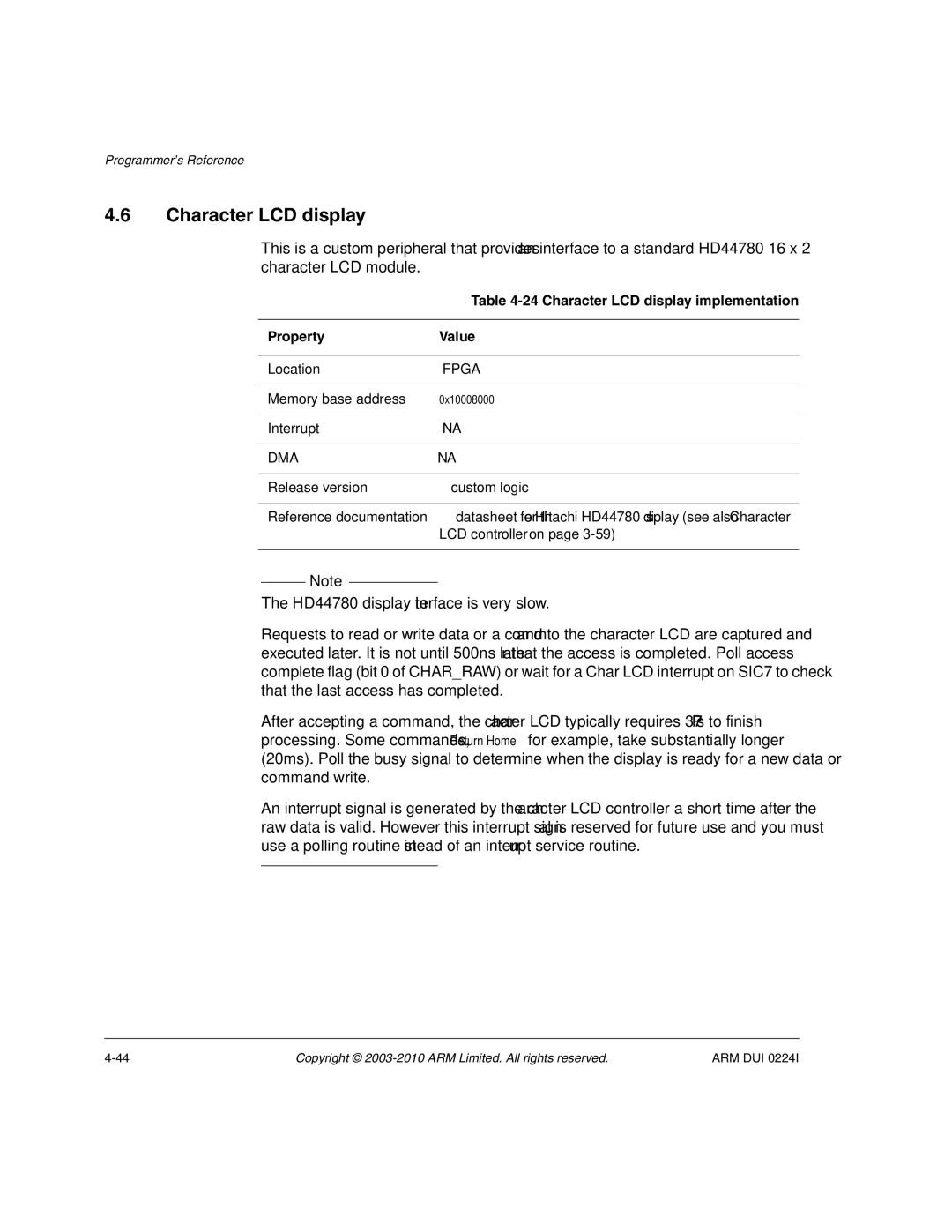 ARM ARM DUI 0224I manual Character LCD display implementation 