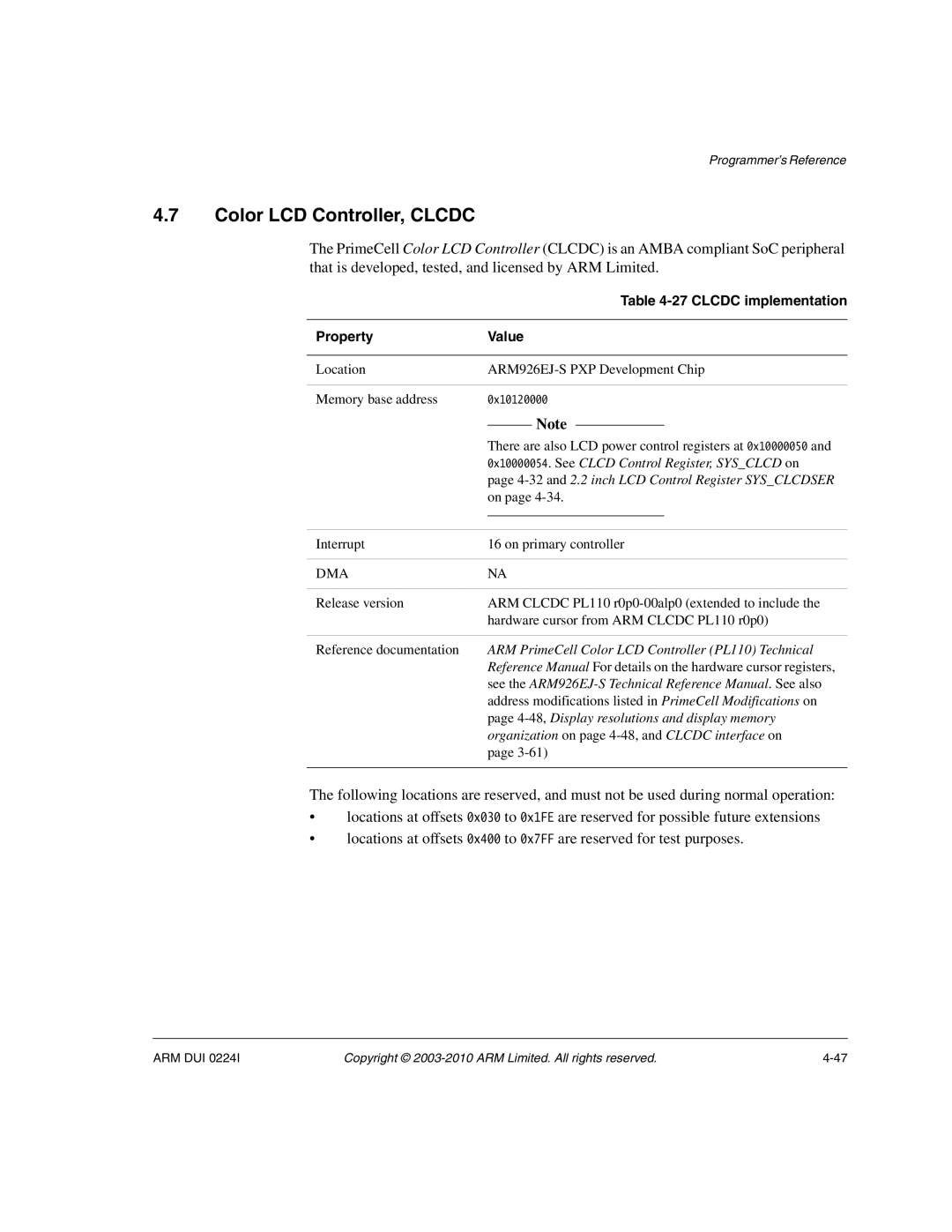 ARM ARM DUI 0224I manual Color LCD Controller, Clcdc, Clcdc implementation 