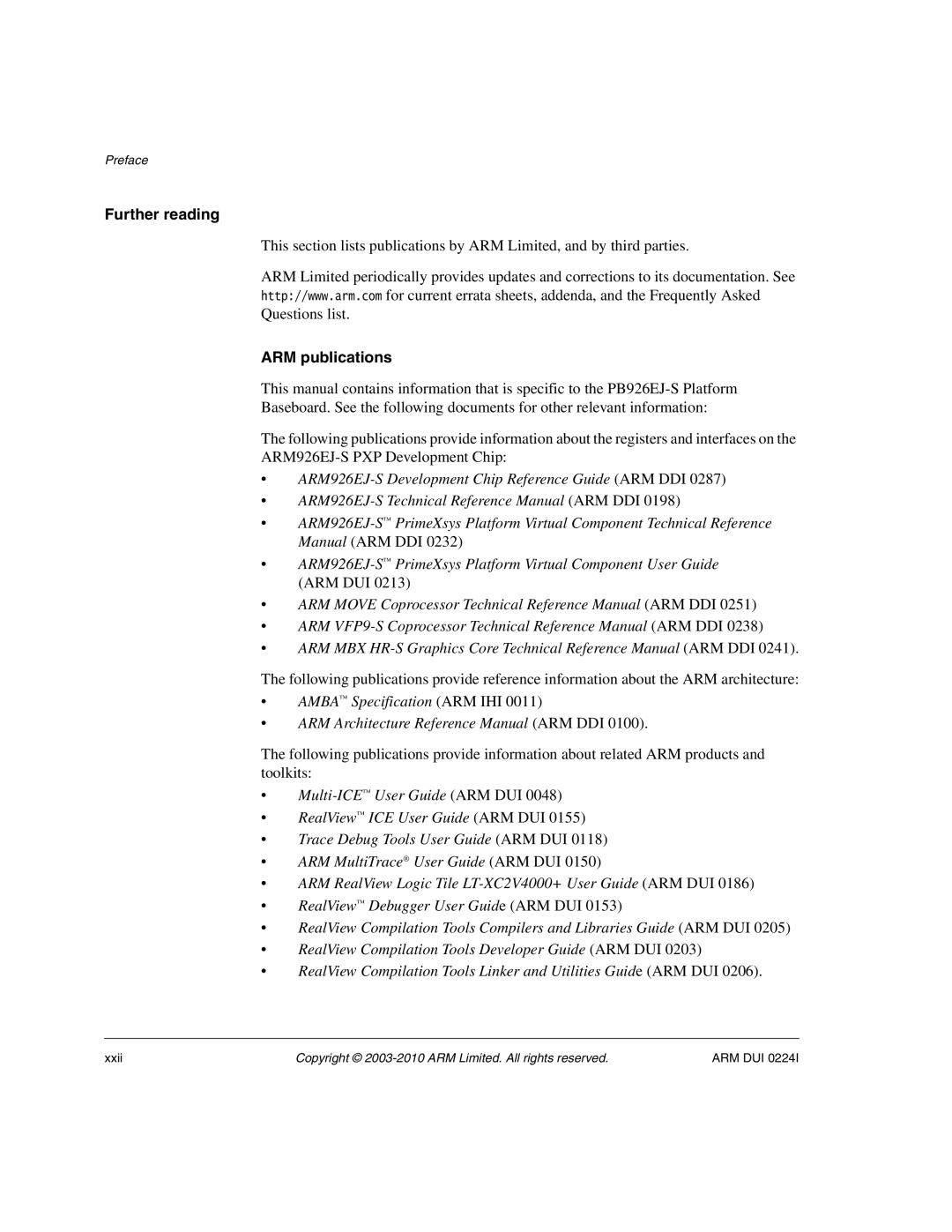 ARM ARM DUI 0224I manual Further reading, ARM publications 