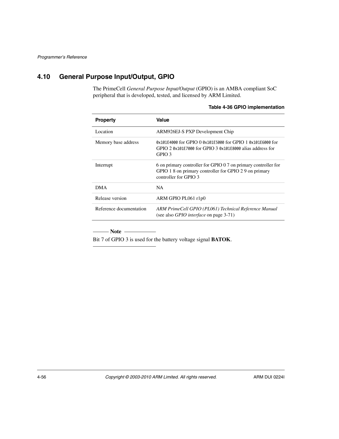 ARM ARM DUI 0224I manual General Purpose Input/Output, Gpio, Gpio implementation 