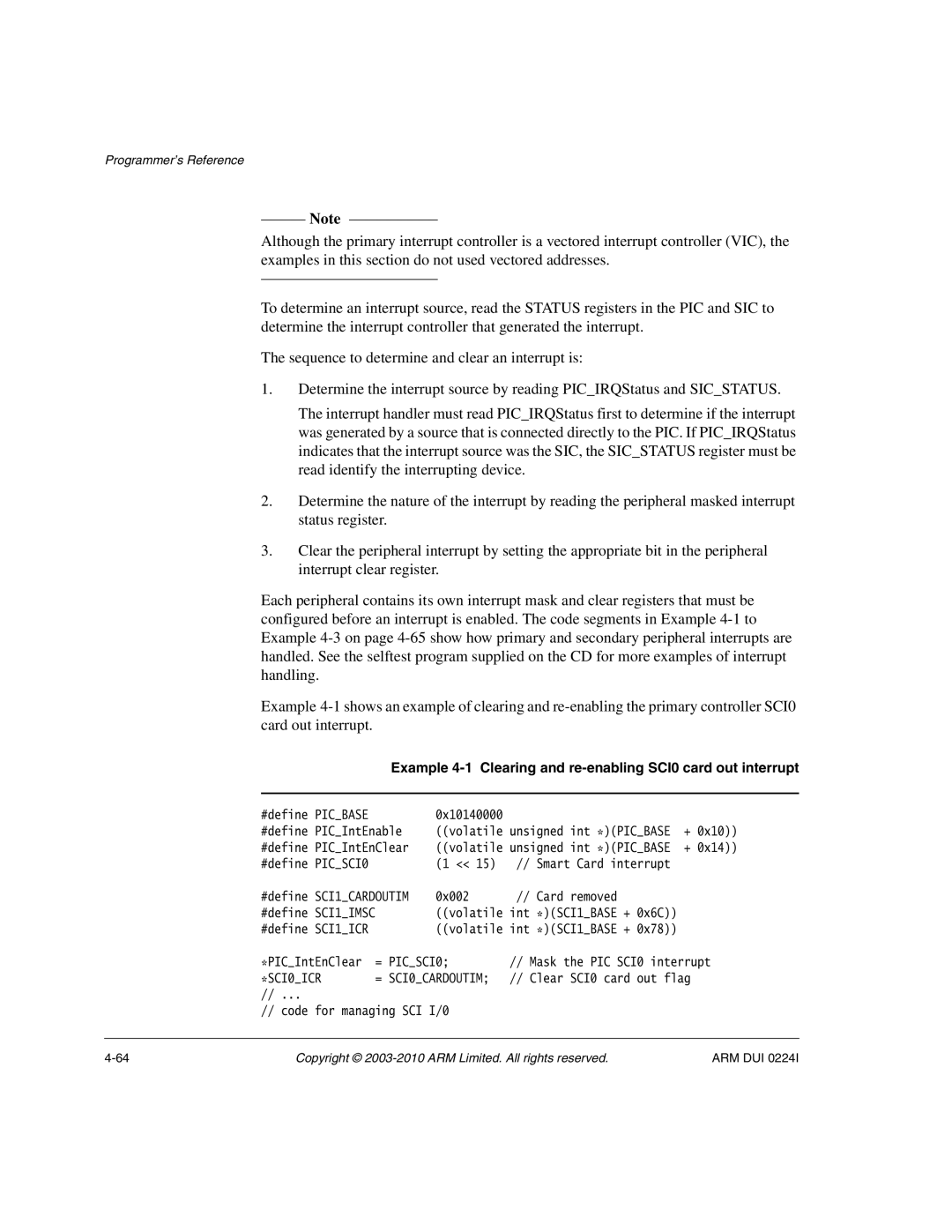 ARM ARM DUI 0224I manual Example 4-1 Clearing and re-enabling SCI0 card out interrupt 