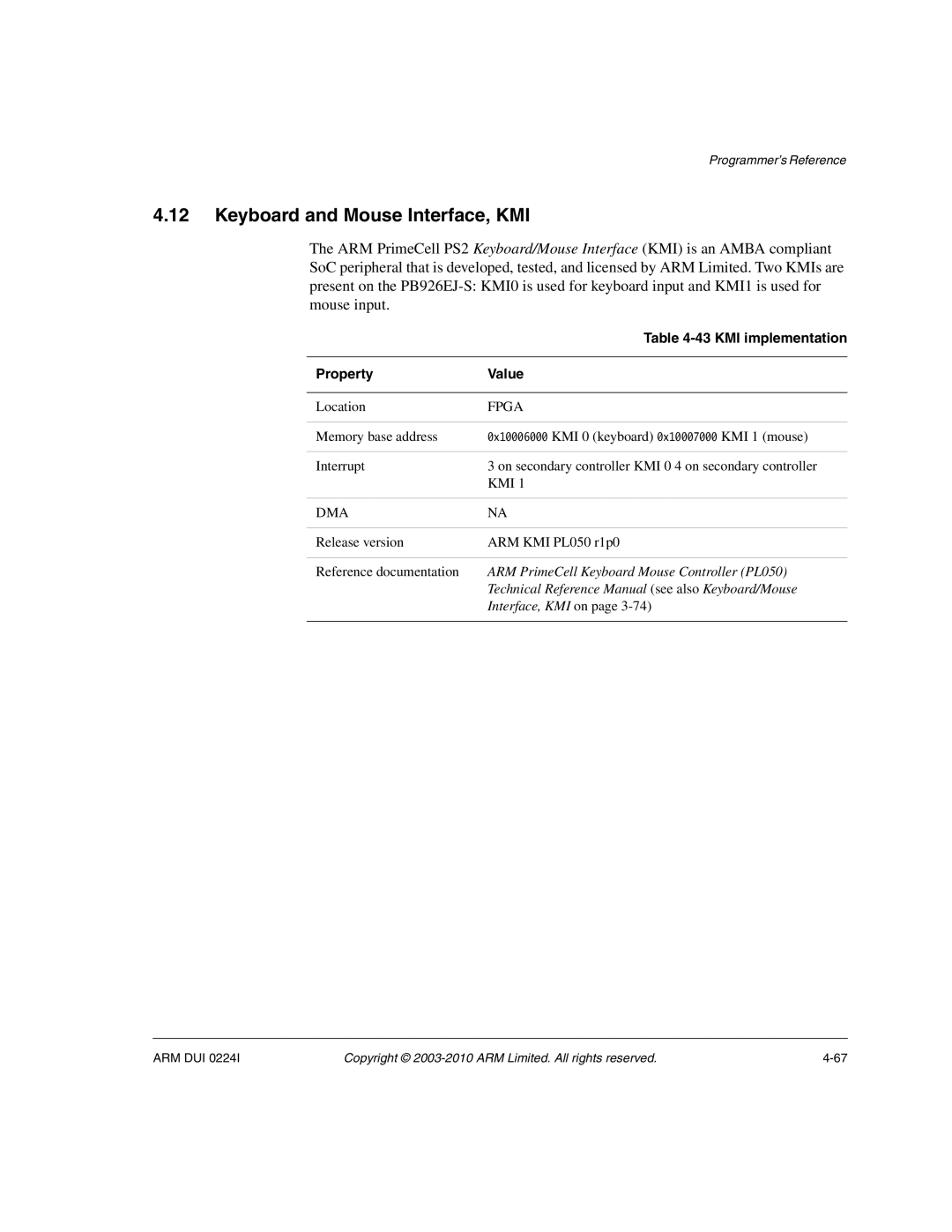 ARM ARM DUI 0224I manual Keyboard and Mouse Interface, KMI, KMI implementation, Kmi 