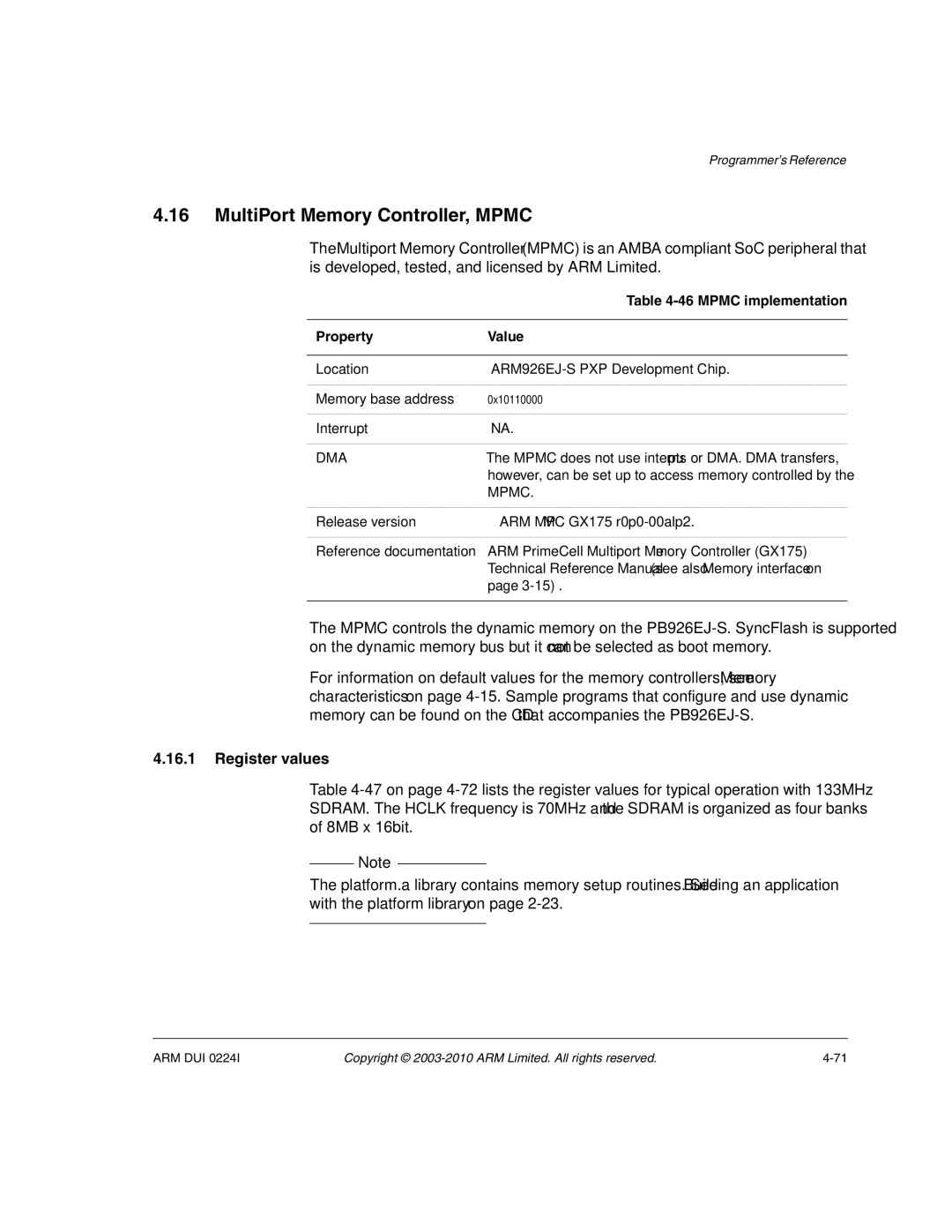 ARM ARM DUI 0224I manual MultiPort Memory Controller, Mpmc, Register values, Mpmc implementation 