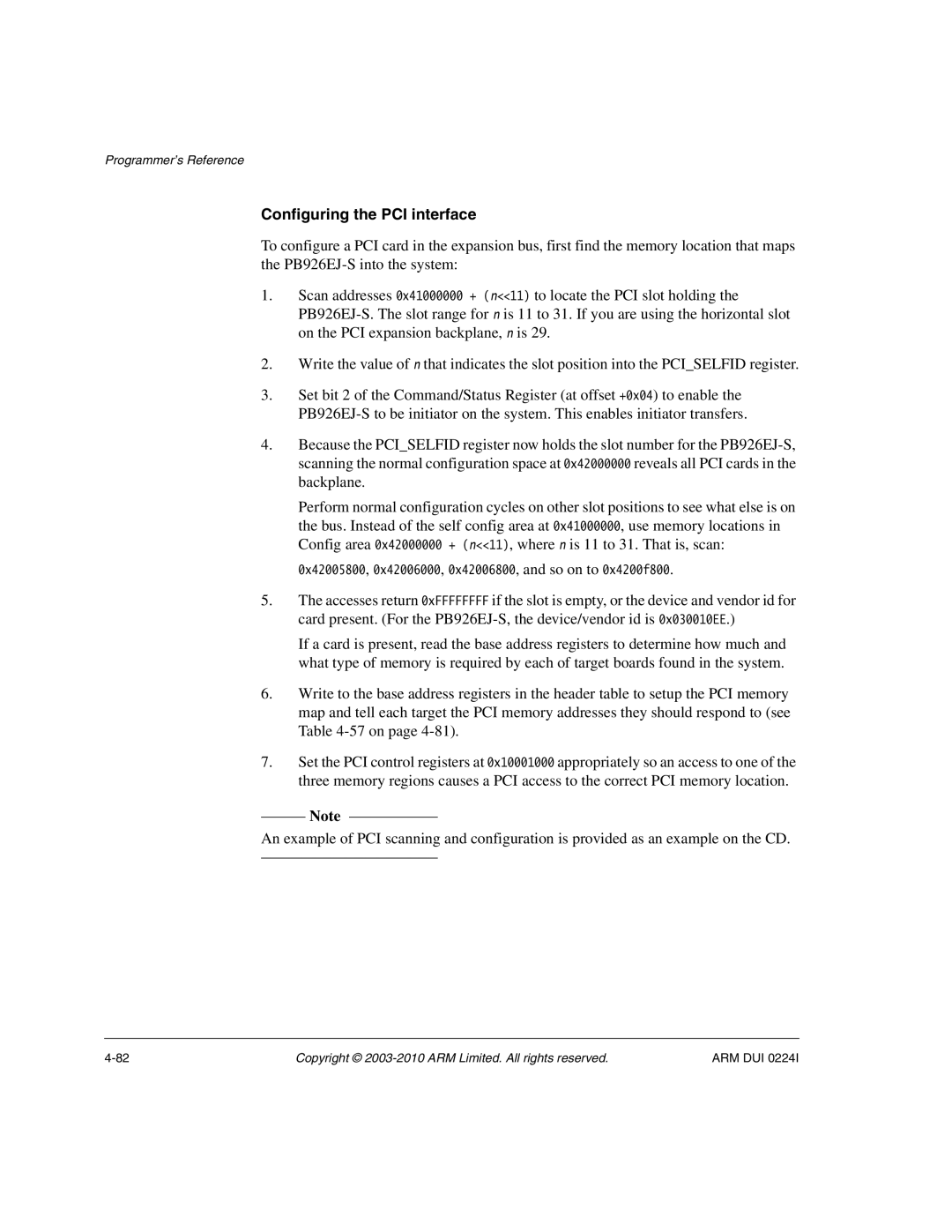 ARM ARM DUI 0224I manual Configuring the PCI interface 