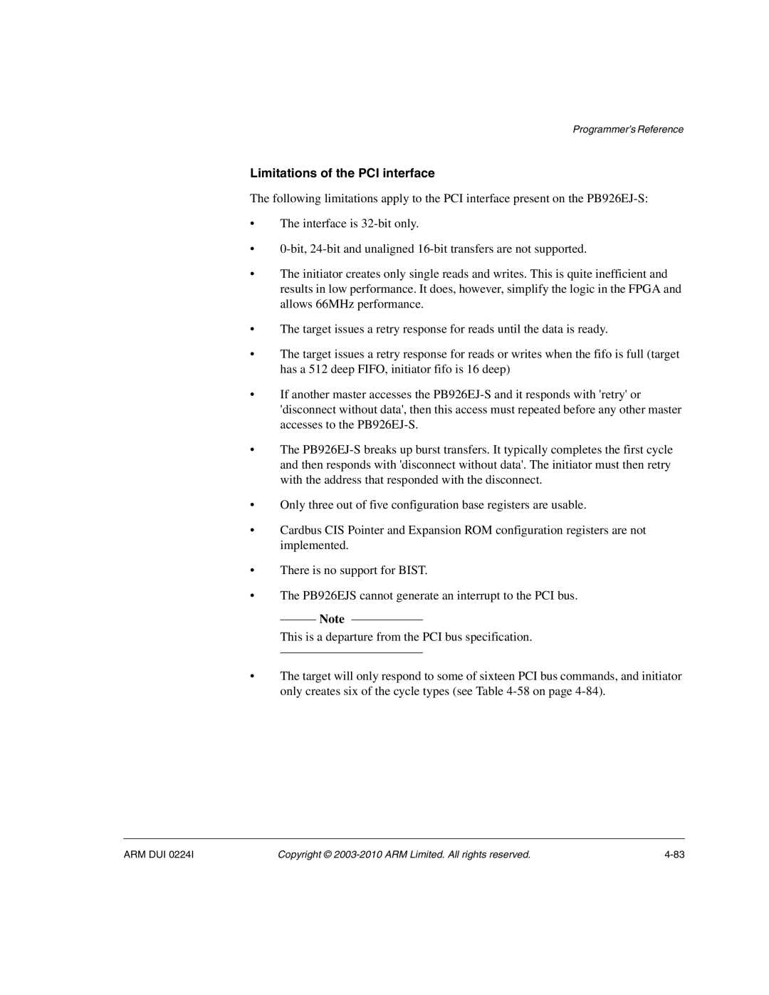 ARM ARM DUI 0224I manual Limitations of the PCI interface 