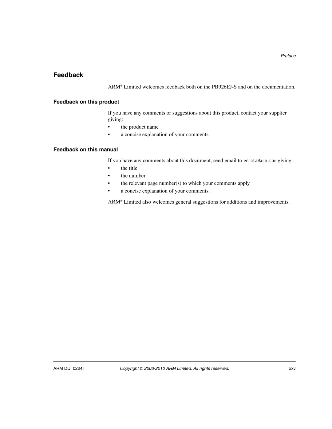 ARM ARM DUI 0224I Feedback on this product, Feedback on this manual 