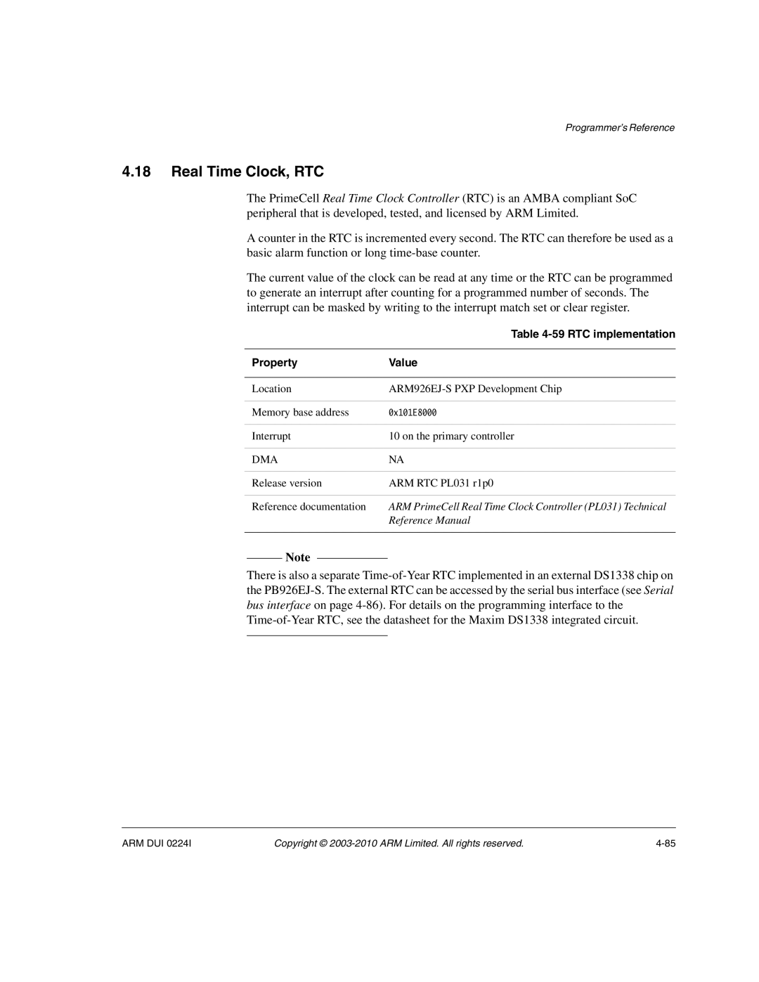 ARM ARM DUI 0224I manual Real Time Clock, RTC, RTC implementation 