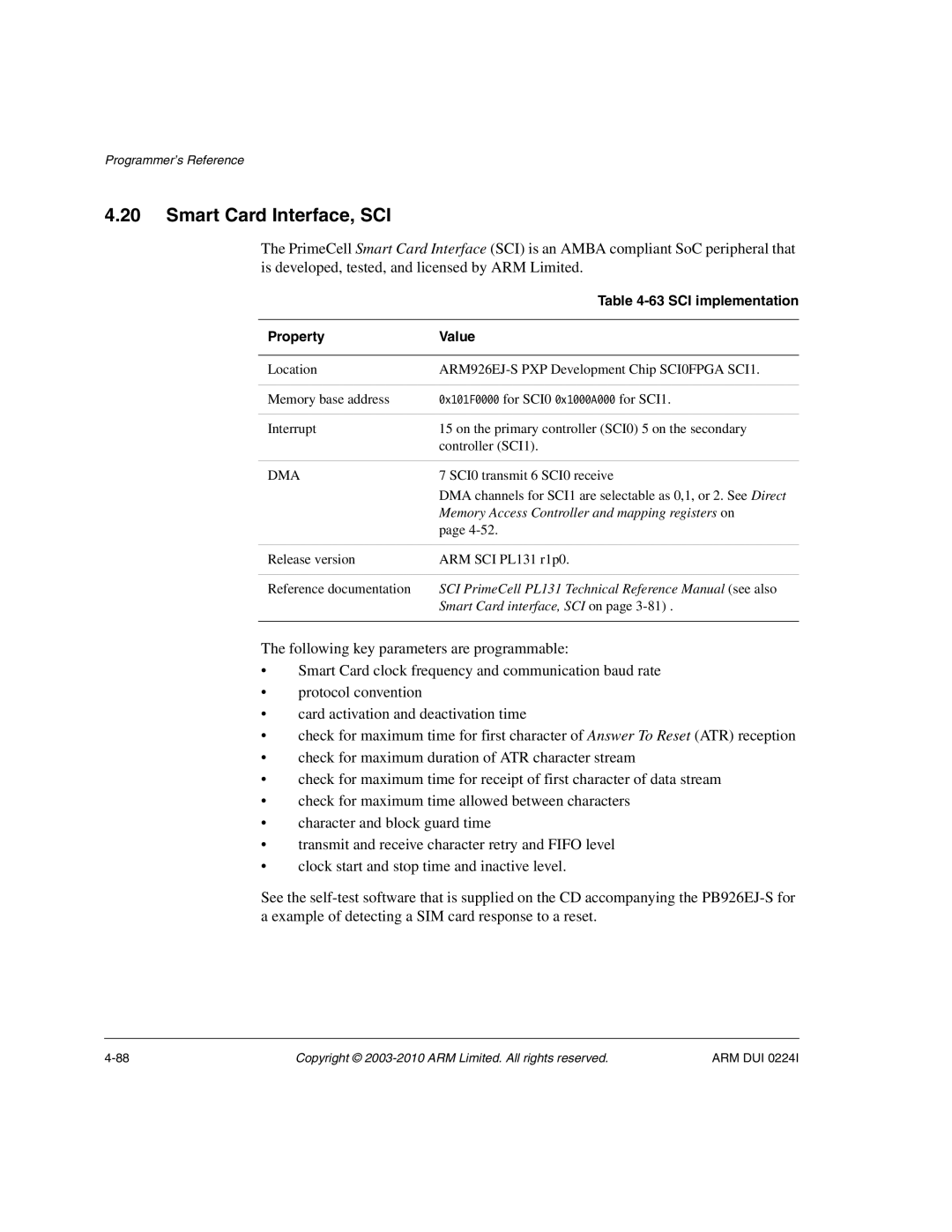 ARM ARM DUI 0224I manual Smart Card Interface, SCI, SCI implementation 