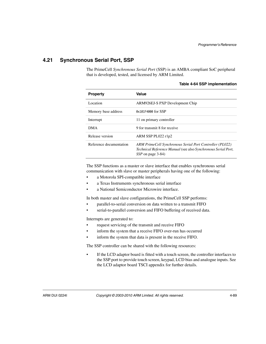 ARM ARM DUI 0224I manual ARM PrimeCell Synchronous Serial Port Controller PL022 