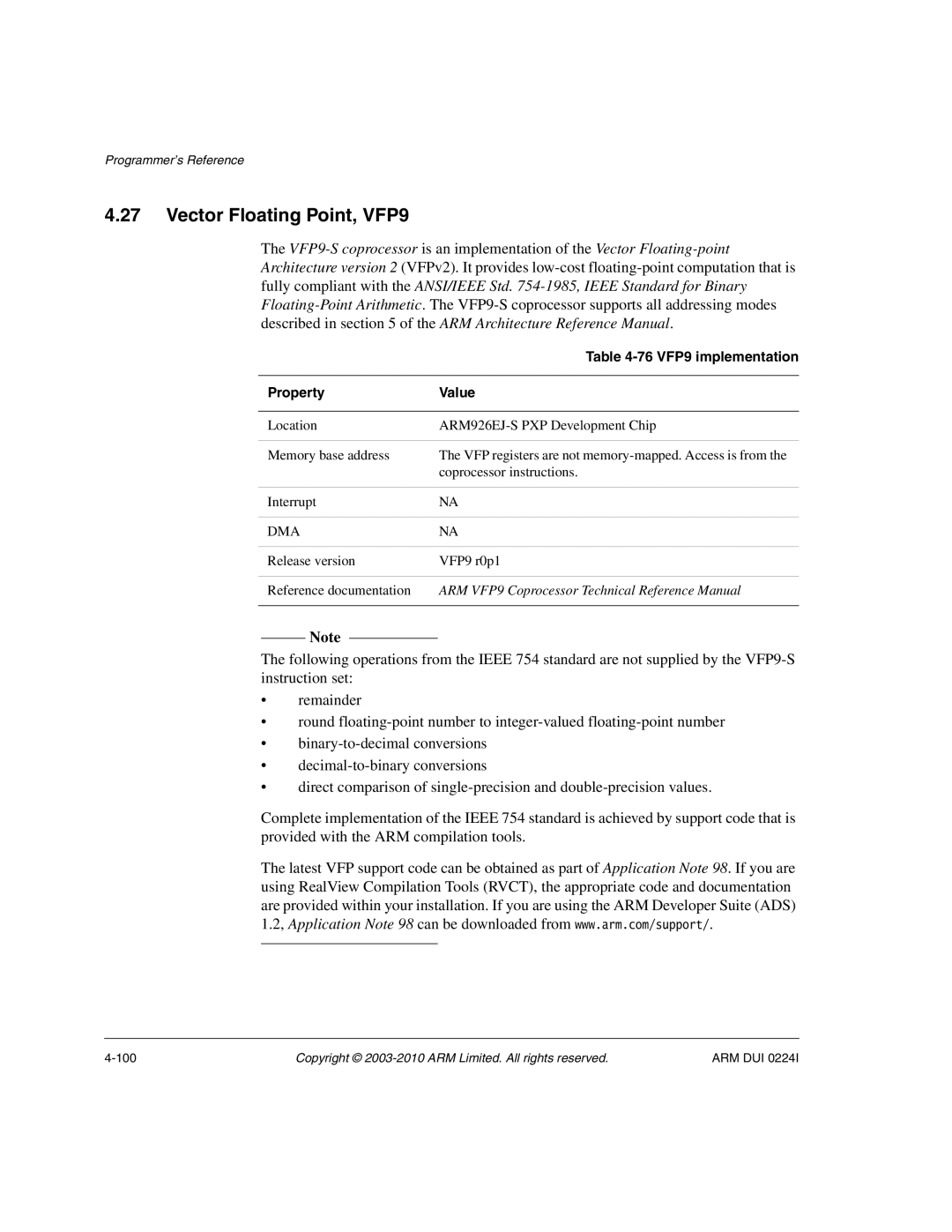 ARM ARM DUI 0224I manual Vector Floating Point, VFP9, 76 VFP9 implementation 