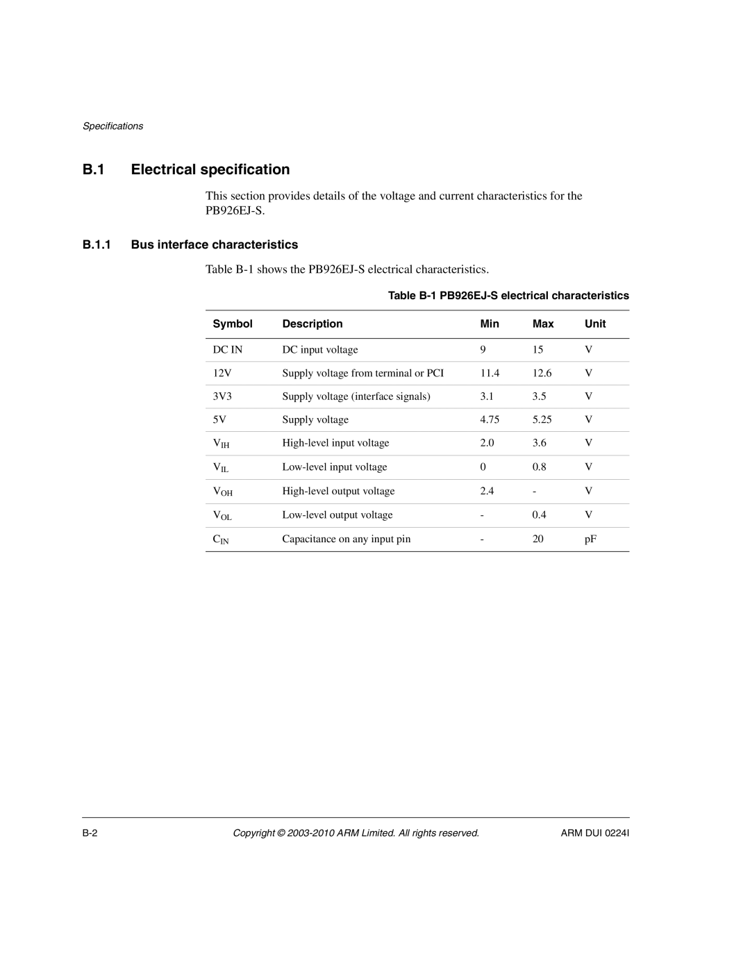 ARM ARM DUI 0224I manual Electrical specification, Bus interface characteristics 