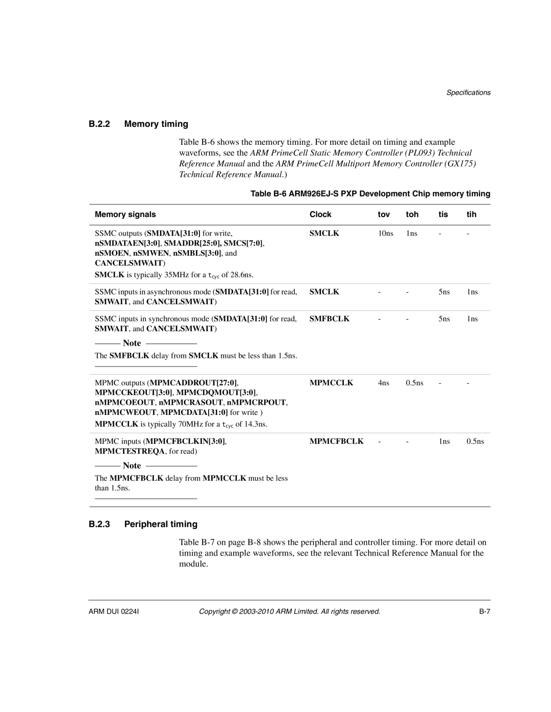 ARM ARM DUI 0224I manual Memory timing, Peripheral timing 