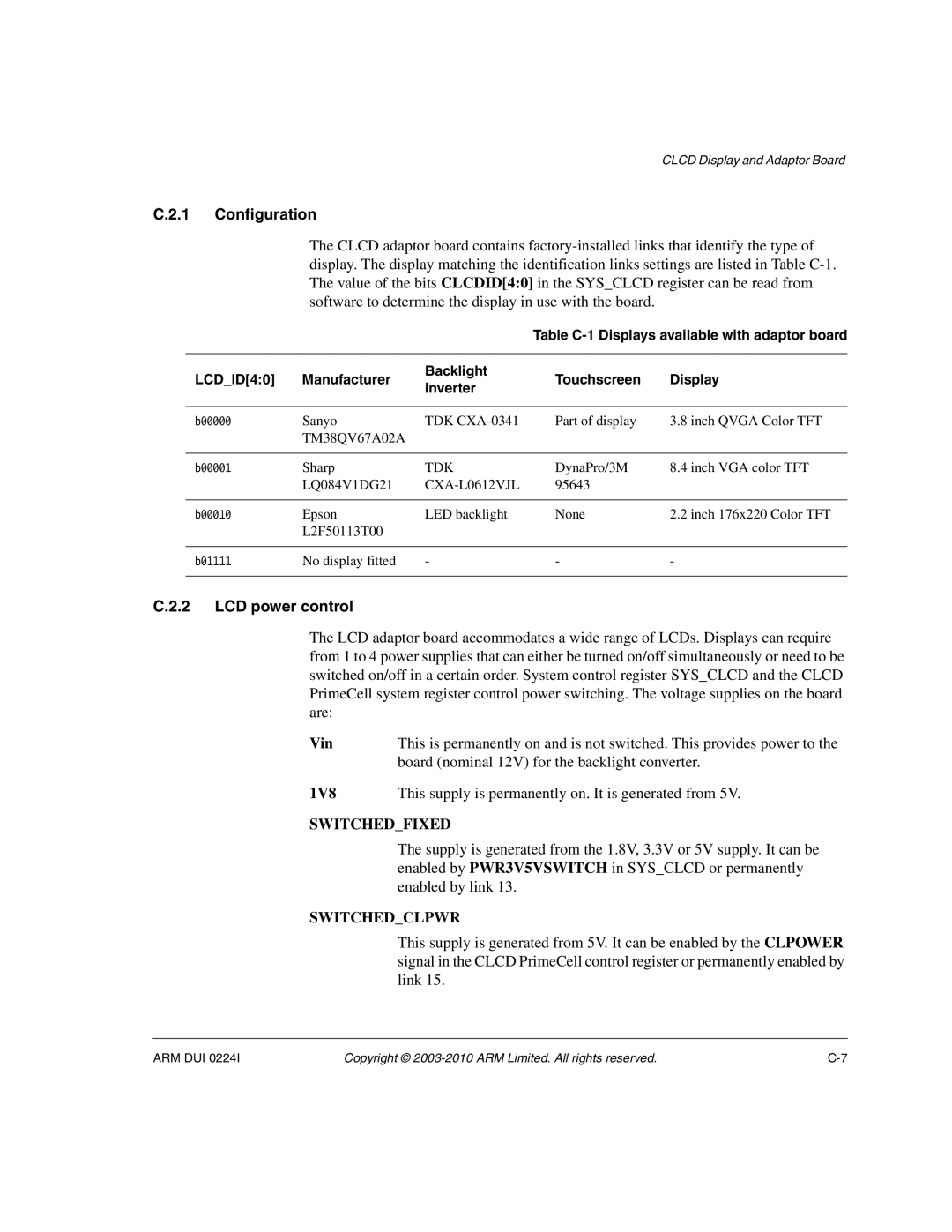 ARM ARM DUI 0224I manual Configuration, LCD power control, Tdk, CXA-L0612VJL 