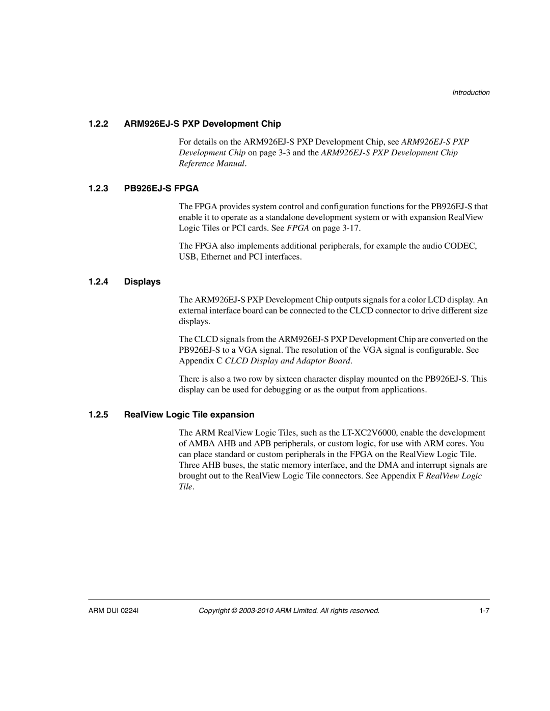 ARM ARM DUI 0224I manual 2 ARM926EJ-S PXP Development Chip, 3 PB926EJ-S Fpga, Displays, RealView Logic Tile expansion 