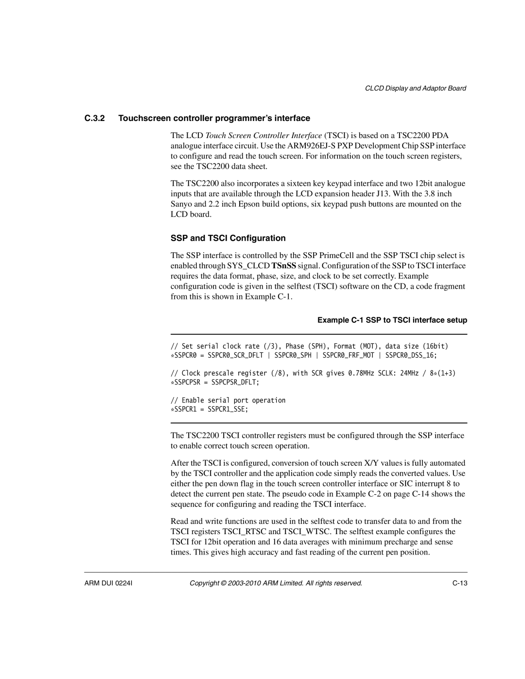 ARM ARM DUI 0224I manual Touchscreen controller programmer’s interface, SSP and Tsci Configuration 