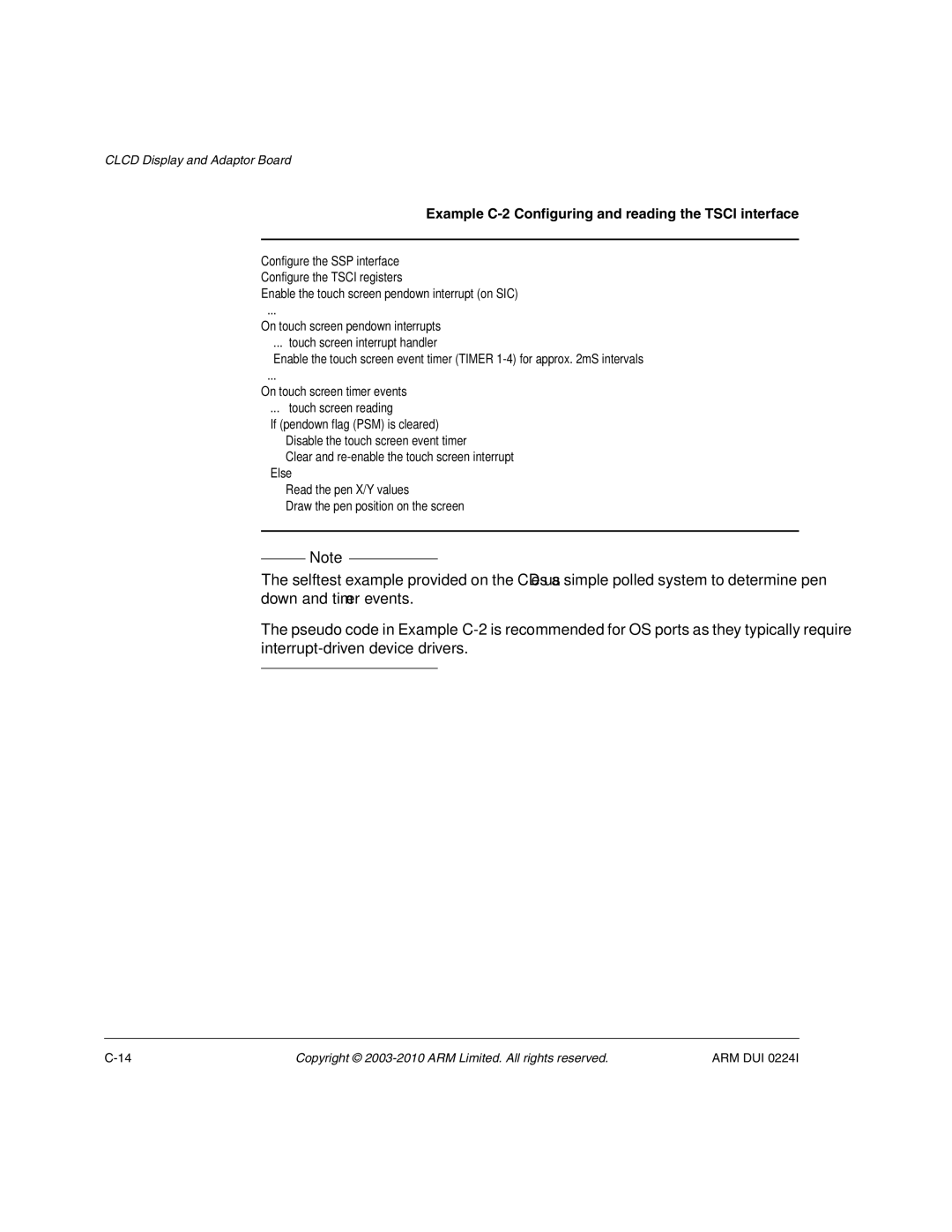 ARM ARM DUI 0224I manual Example C-2 Configuring and reading the Tsci interface 