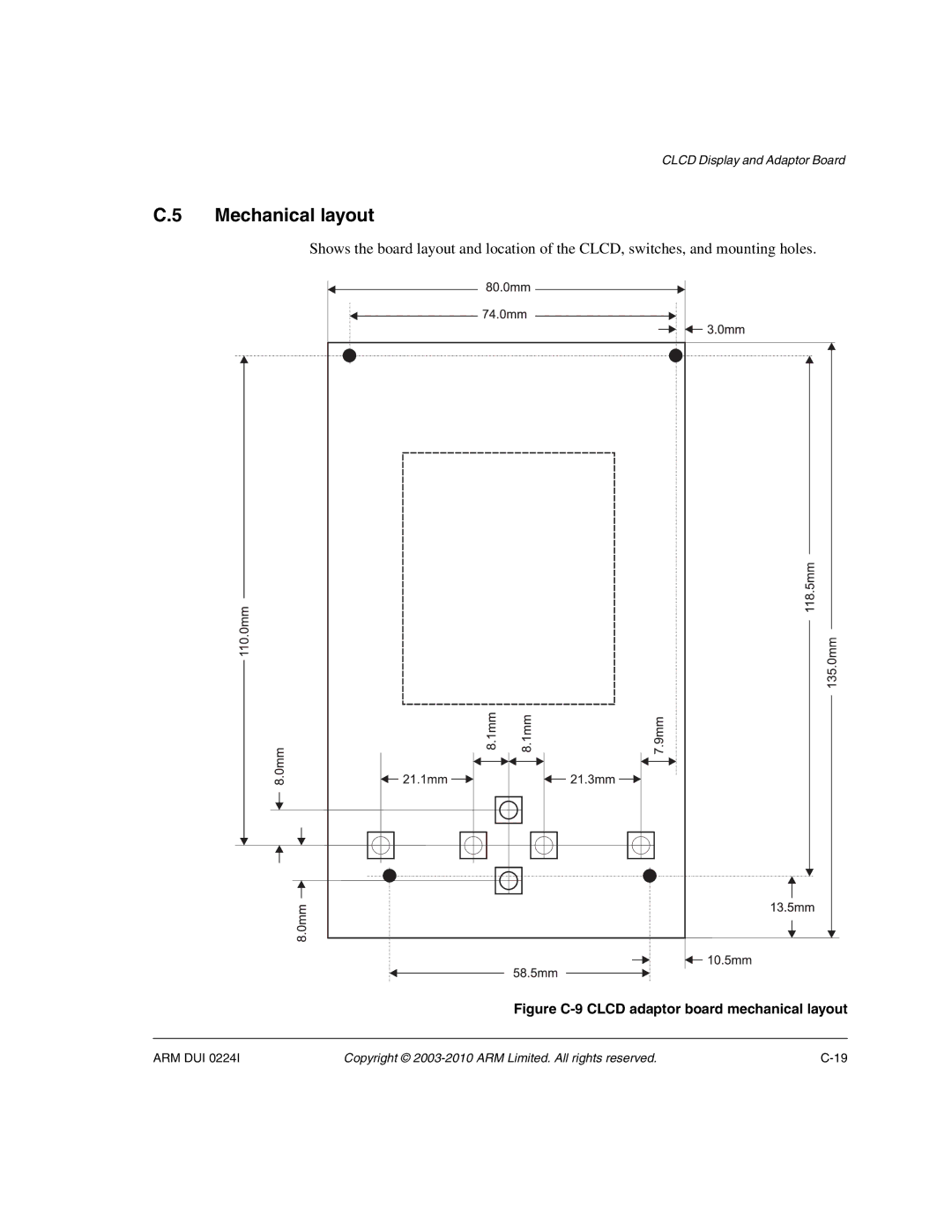 ARM ARM DUI 0224I manual Mechanical layout, Figure C-9 Clcd adaptor board mechanical layout 