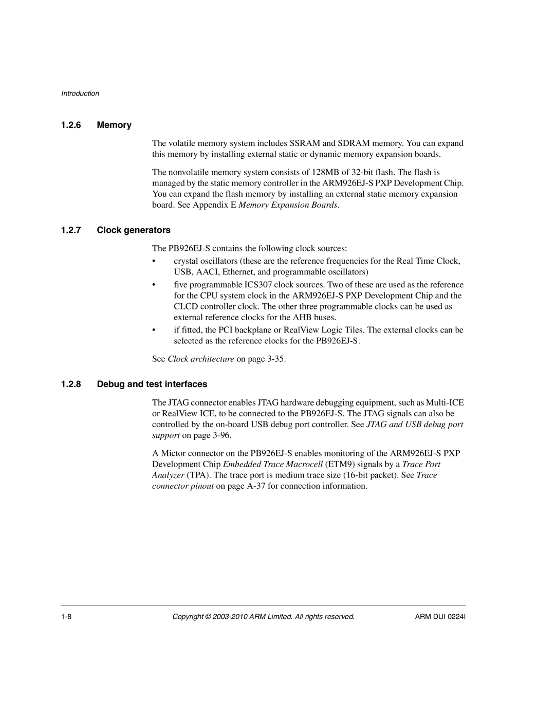 ARM ARM DUI 0224I manual Memory, Clock generators, Debug and test interfaces 