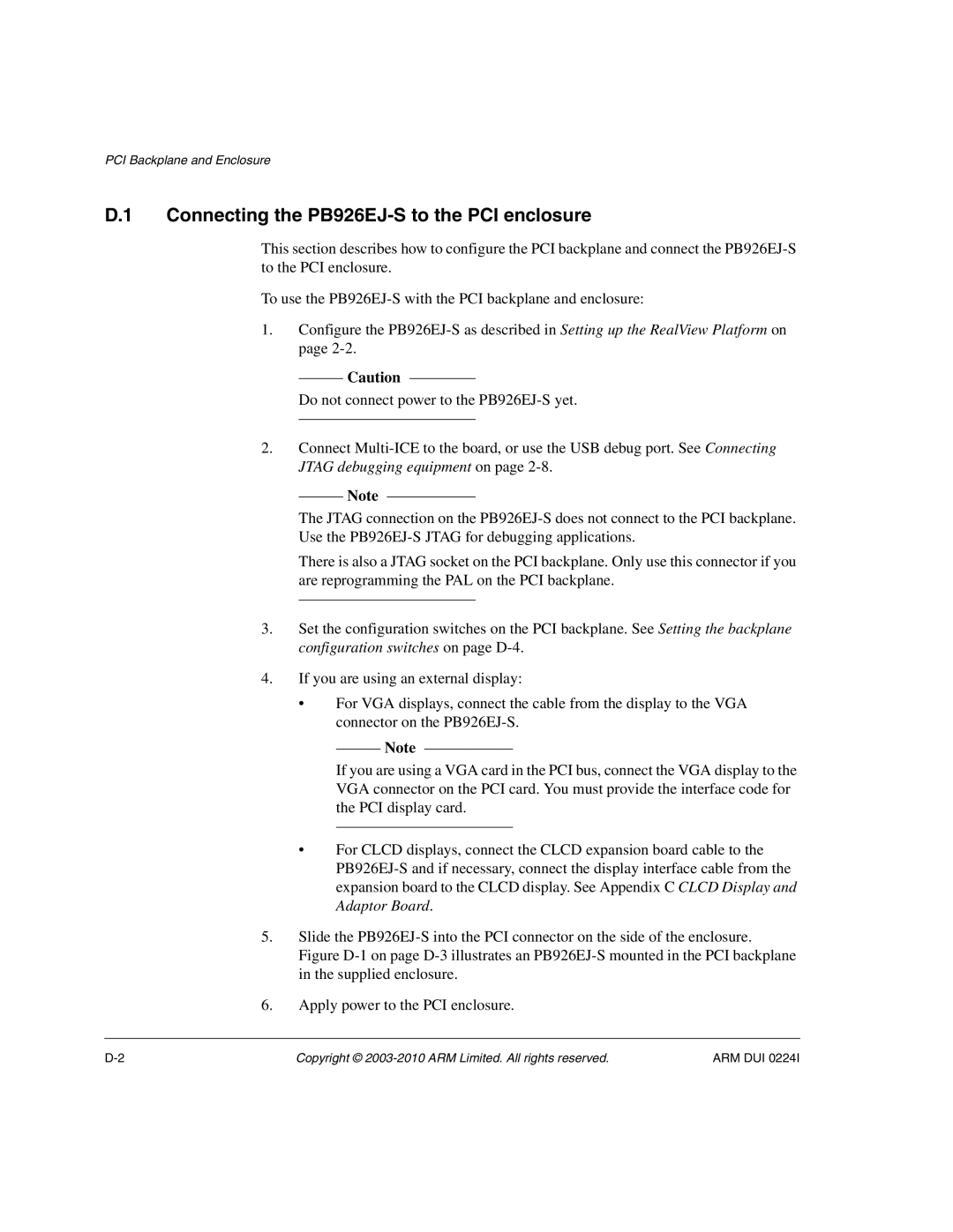 ARM ARM DUI 0224I manual Connecting the PB926EJ-S to the PCI enclosure 