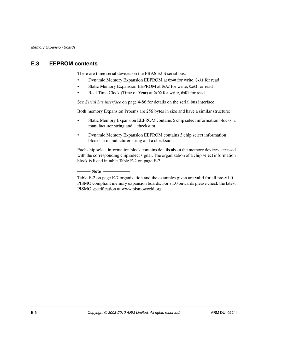 ARM ARM DUI 0224I manual Eeprom contents 