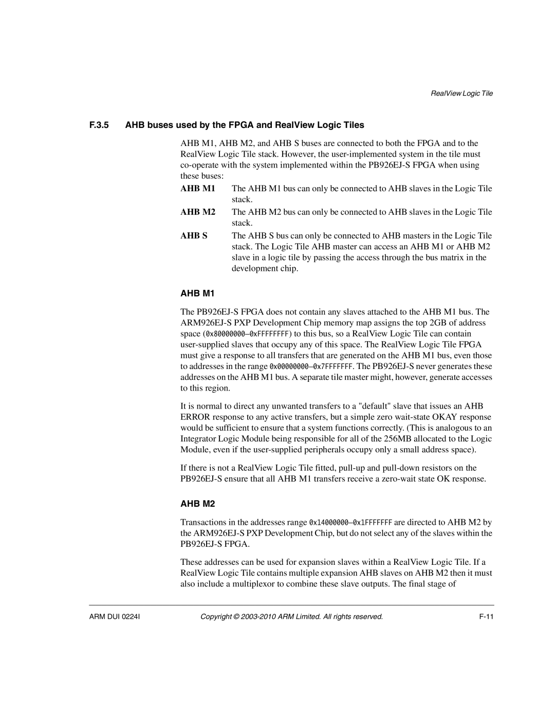 ARM ARM DUI 0224I manual AHB buses used by the Fpga and RealView Logic Tiles, AHB M1 