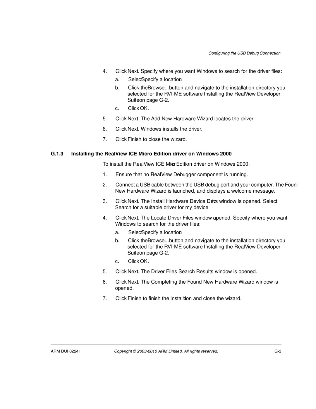 ARM ARM DUI 0224I manual Select Specify a location, Installing the RealView ICE Micro Edition driver on Windows 