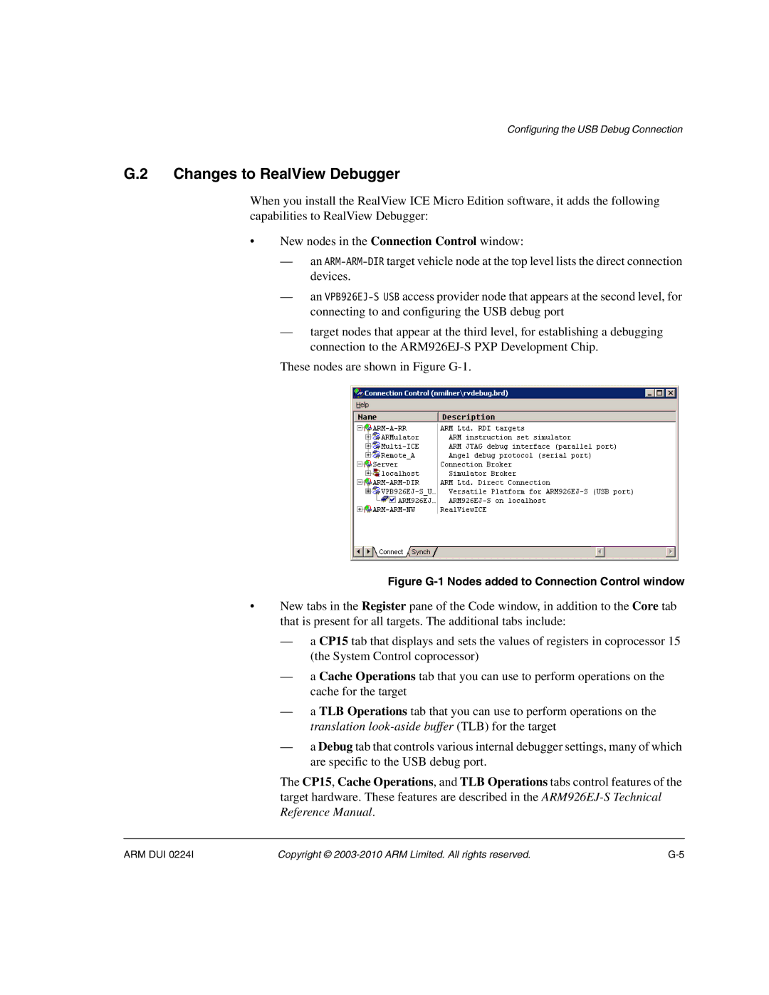 ARM ARM DUI 0224I manual Changes to RealView Debugger, Figure G-1 Nodes added to Connection Control window 