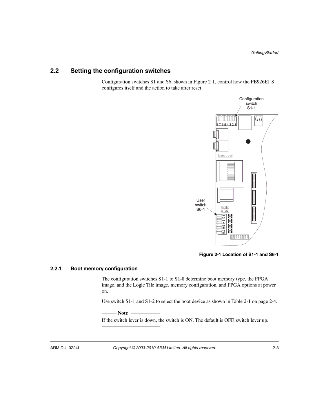 ARM ARM DUI 0224I manual Setting the configuration switches, Boot memory configuration 